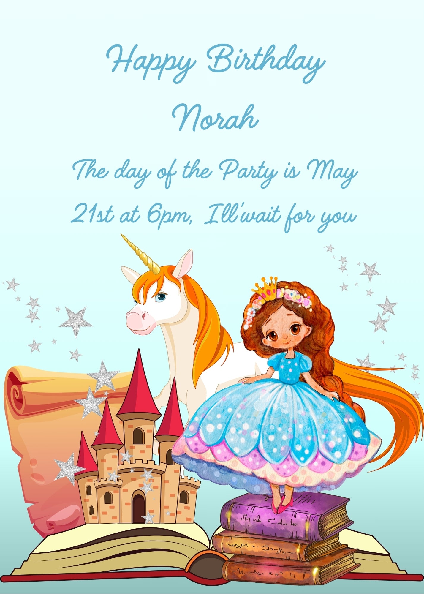 A open book with a castle and parchment; a princess in balancing on three books. In the background a unicorn and stars. Printable birthday card for girls 1-9.