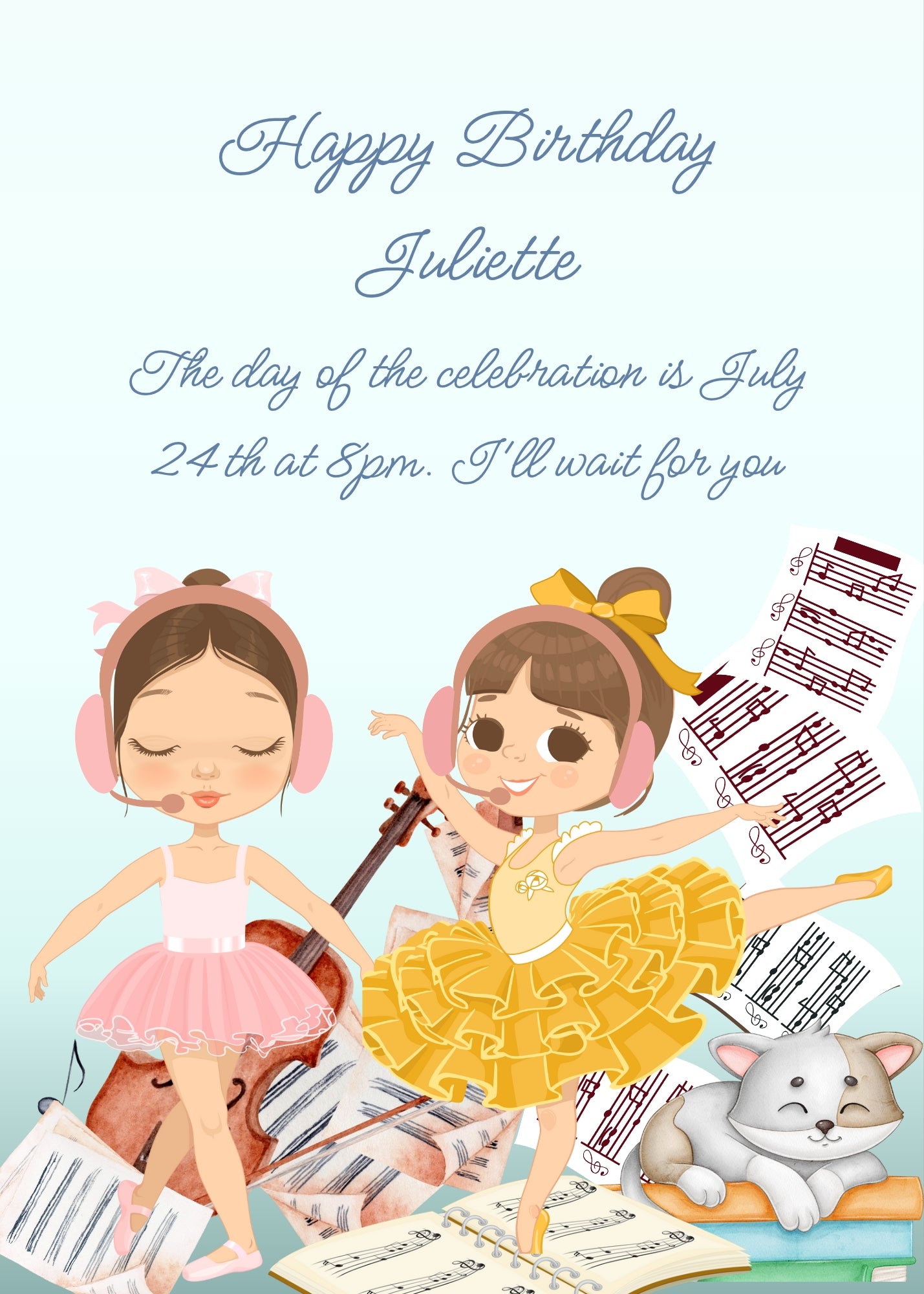 Two little girls practice their dance moves in a messy room, surrounded by sheet music, a cello, and a sleeping kitten. Printabe birthday card for girls 8-14.