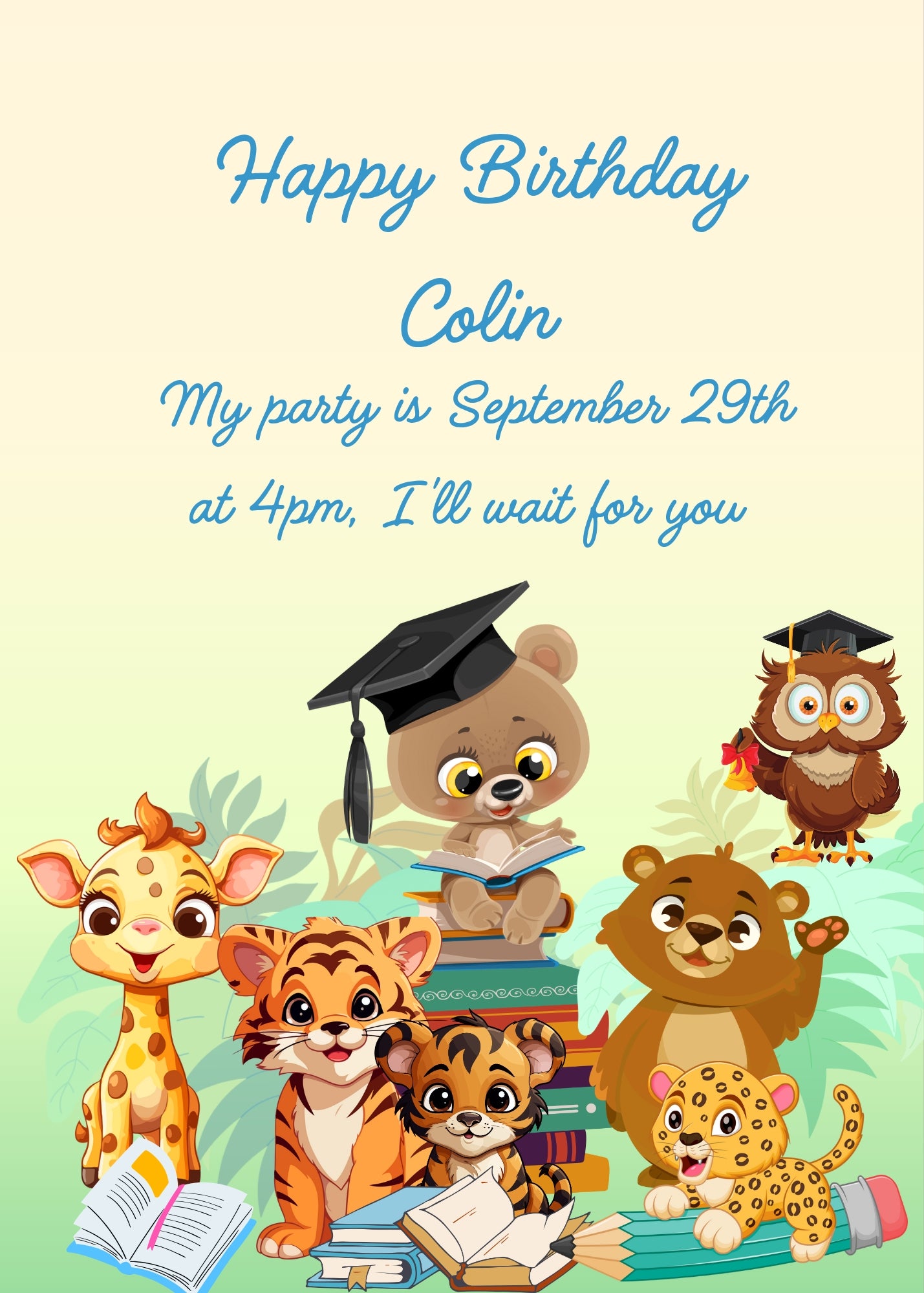 A teddy bear is a teacher, sitting on a row of books, the students are jungle animals, the custodian, is an owl with a bell. Printable birthday card for kids 5-10.