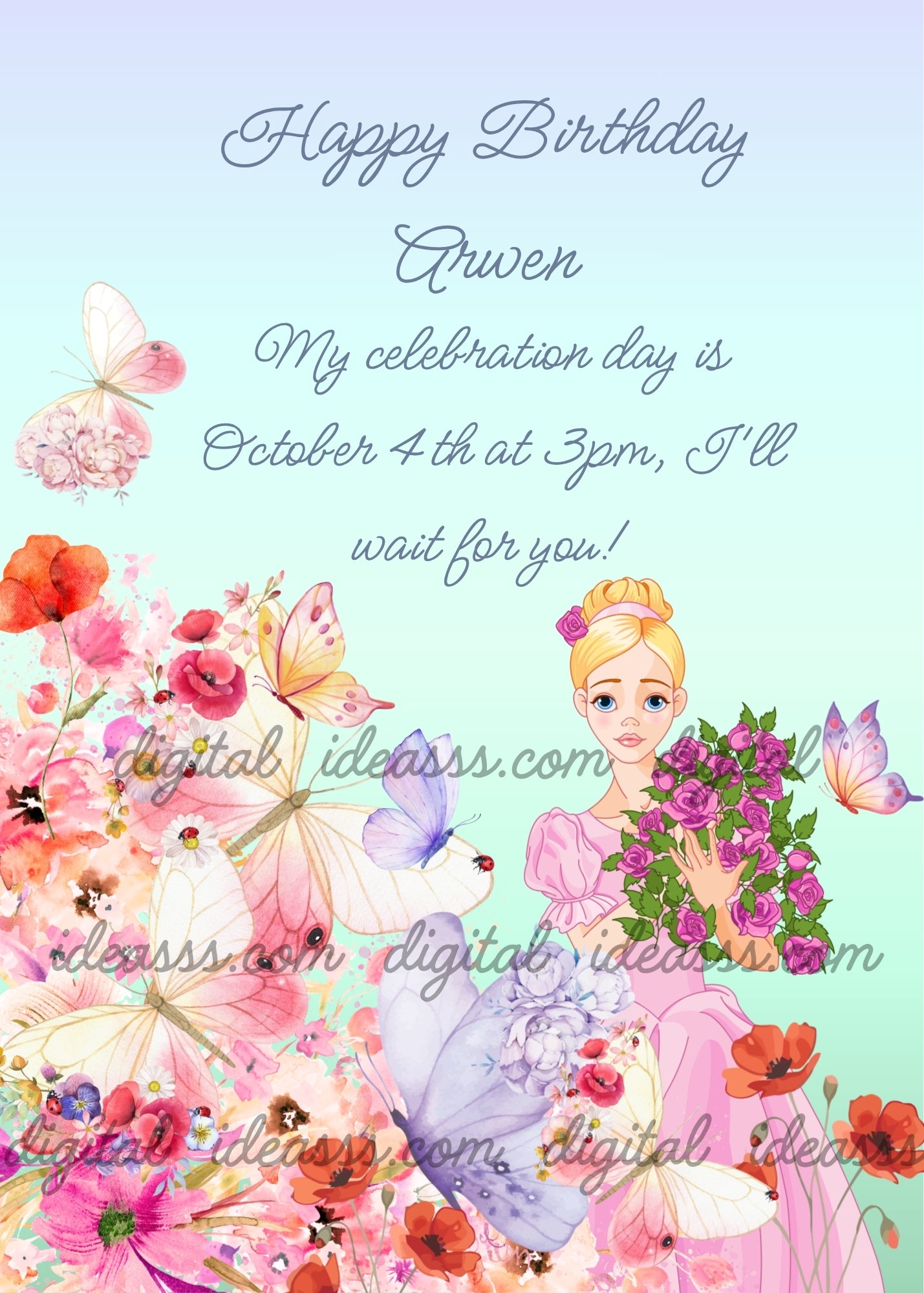 Blonde princess with a bun and a pink dress holding a bouquet of purple roses, magical butterflies with wings made of flowers including pink and lilac peonies and others with small poppies on their wings, pink and red poppies in the garden, soft blue-green gradient background — birthday card for girls aged 10 to 14