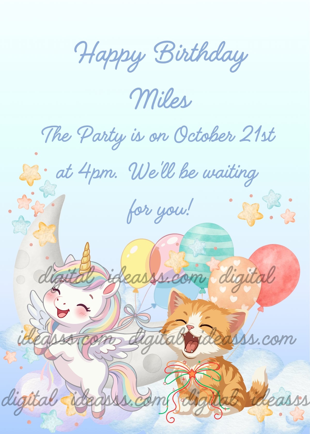 Smiling white winged unicorn with a golden horn and pastel rainbow mane and tail beside a cheerful orange tabby kitten with colorful balloon strings tied in a bow, both flying among clouds with pastel balloons, a crescent moon and colorful stars against a soft blue and mint-green background - printable birthday card for children aged 1 to 9