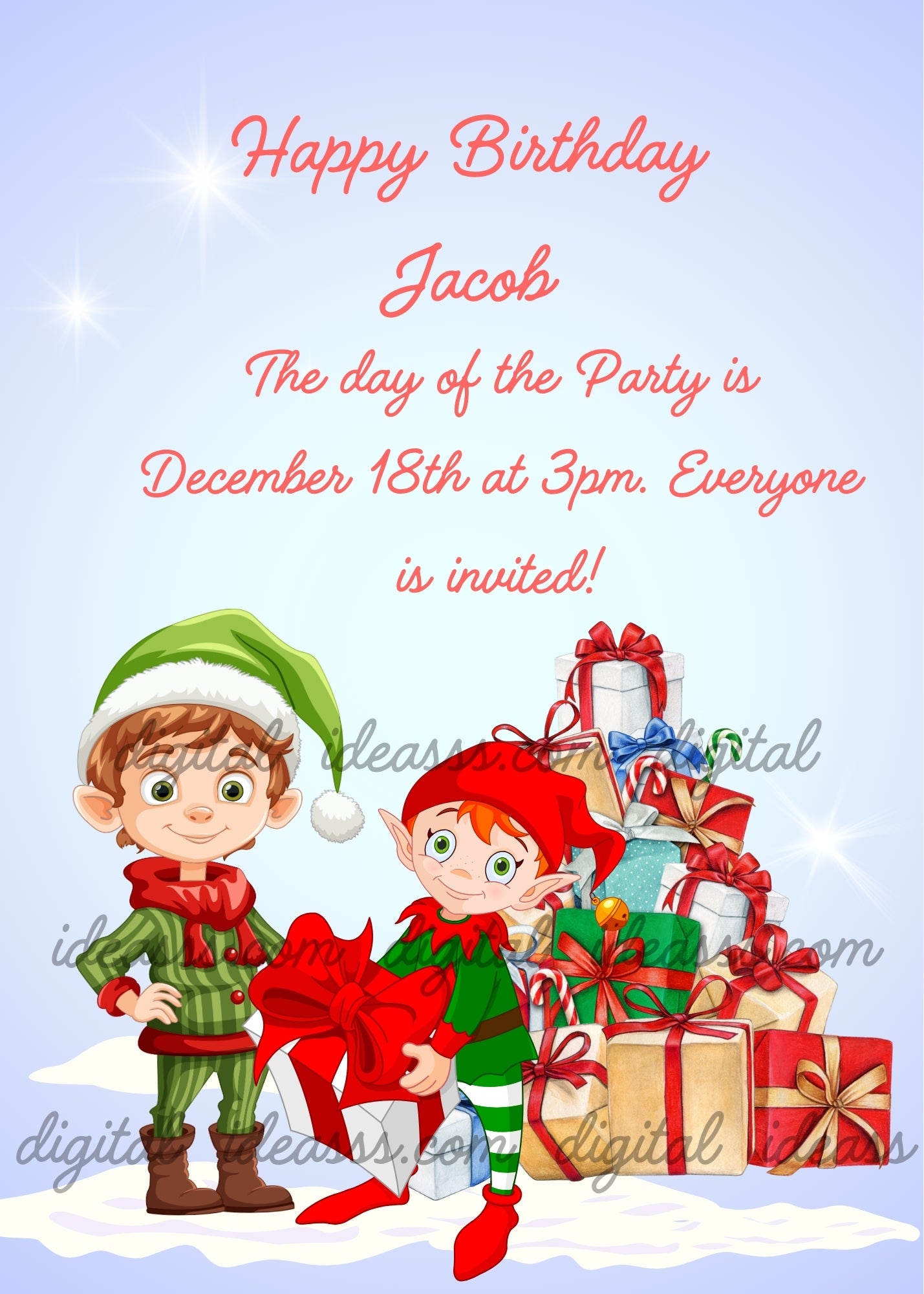 Two cheerful elves dressed in green in the snow next to a pile of colorful gift boxes with red bows and white sparkling stars on a soft light blue background — birthday card for children aged 6 to 12