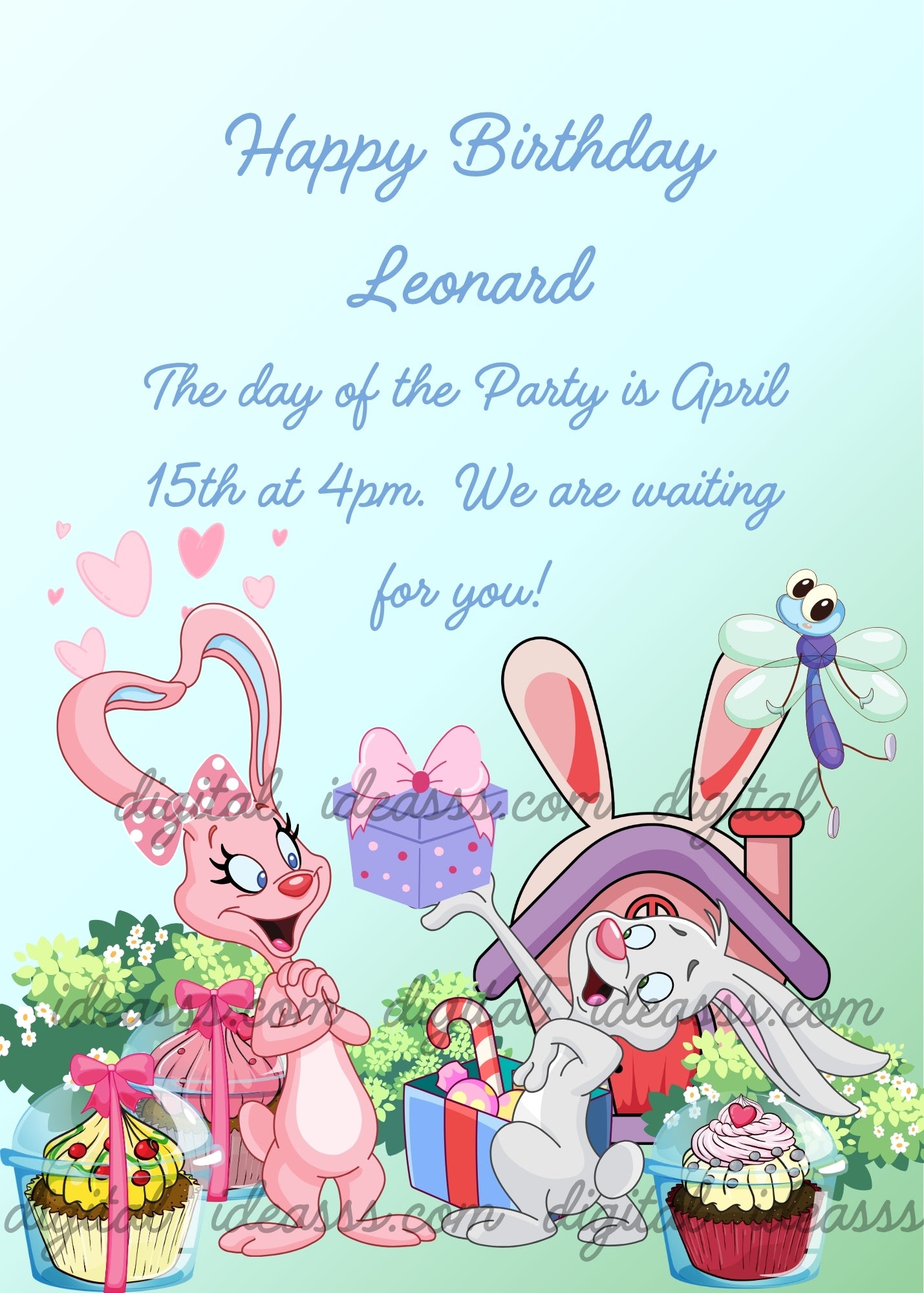 A pink cartoon bunny with heart-shaped ears holding a gift box, a white bunny peeking out of a purple house with a dragonfly, cupcakes and colorful gifts on a soft blue to mint green gradient background — printable birthday card for kids aged 1 to 10