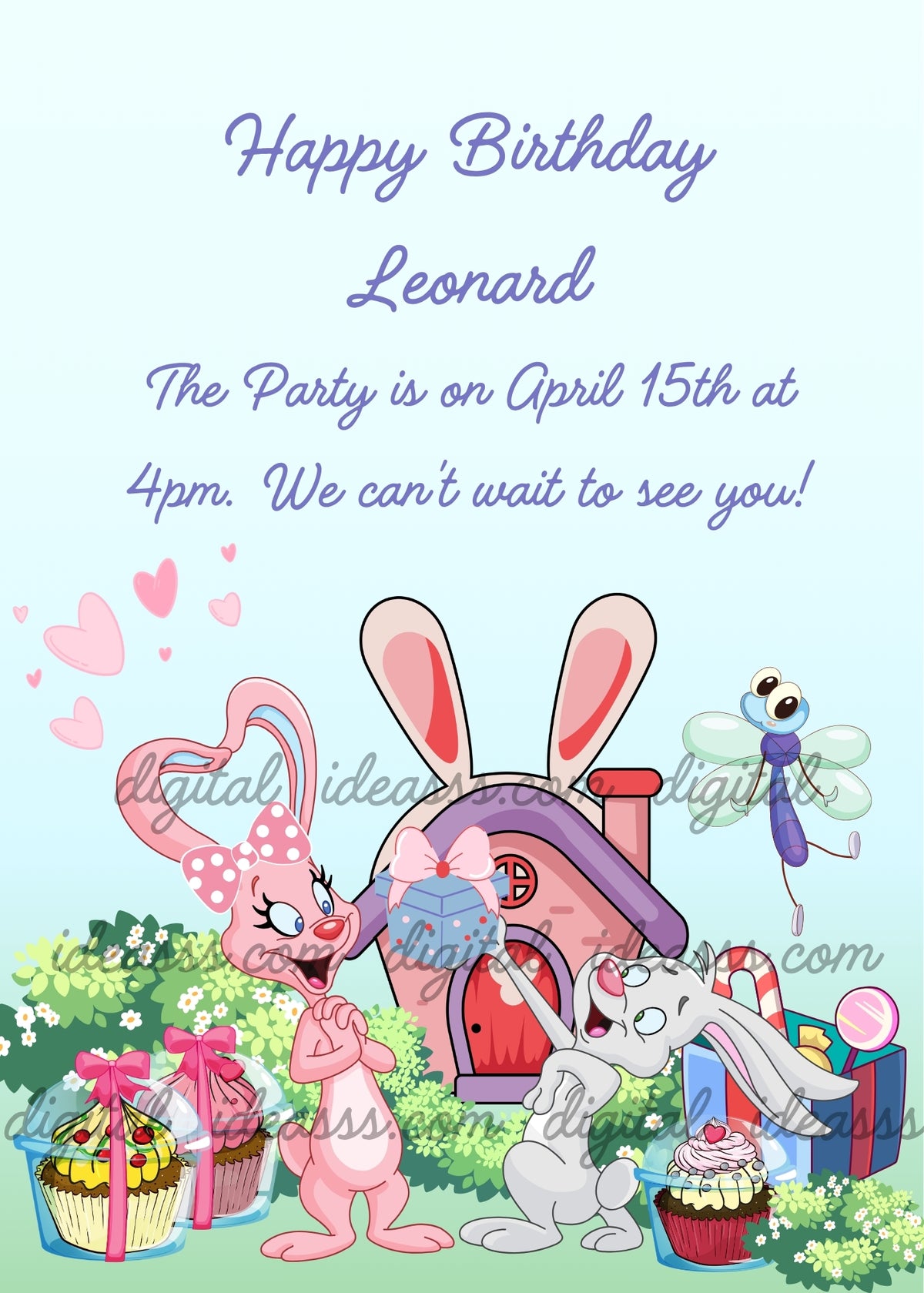 A pink cartoon bunny with heart-shaped ears beside a white bunny holding up a gift, with a pink bunny-eared house, a dragonfly, cupcakes and colorful presents on a pale blue and mint green background - printable birthday card for kids aged 1 to 10