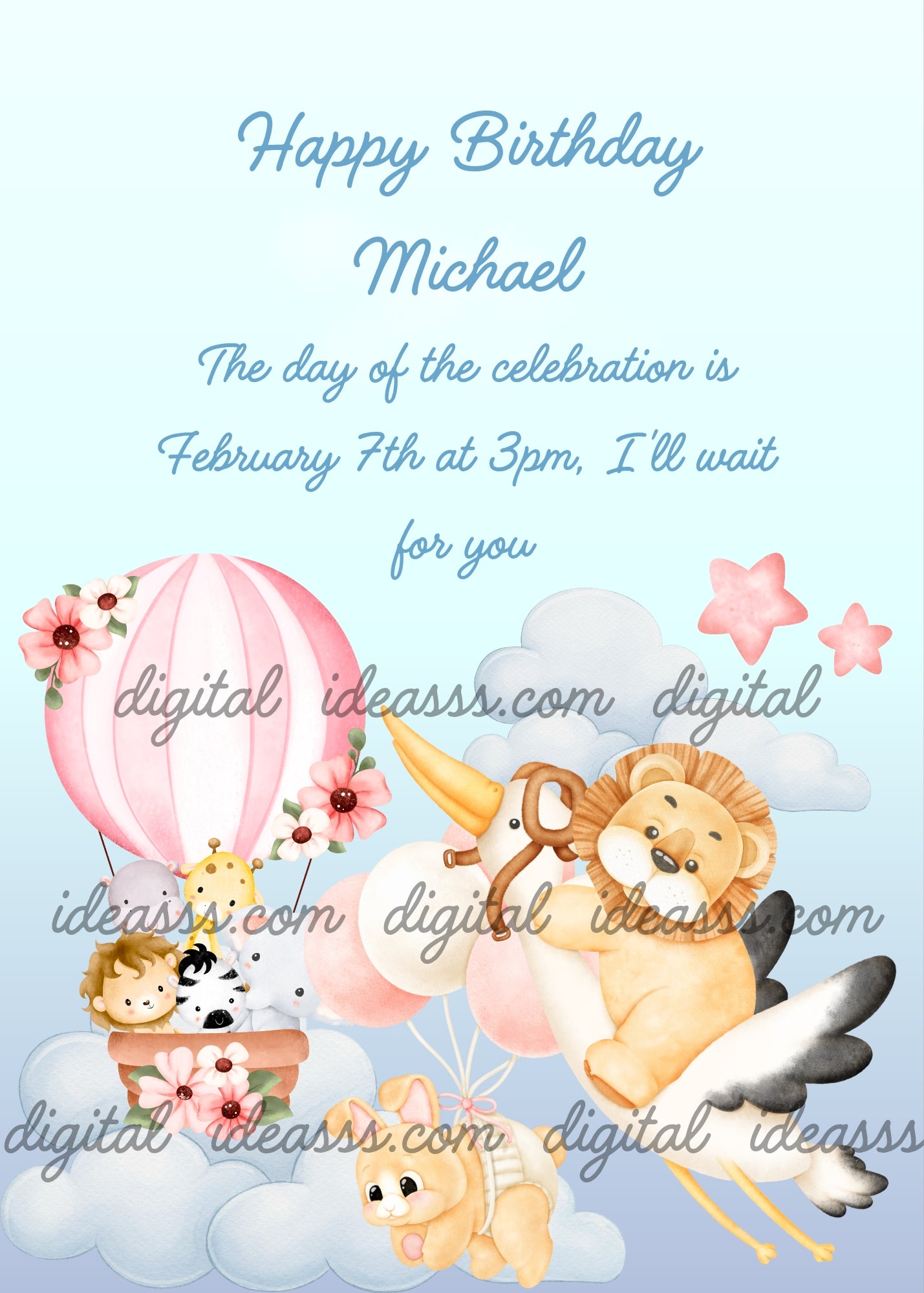 A pink floral hot air balloon carrying a zebra, a lion, a giraffe, and a little elephant through the clouds, a lion cub riding a white stork, and a beige bunny with pink balloons, with pink stars on a soft light blue background — birthday card for children aged 1 to 9