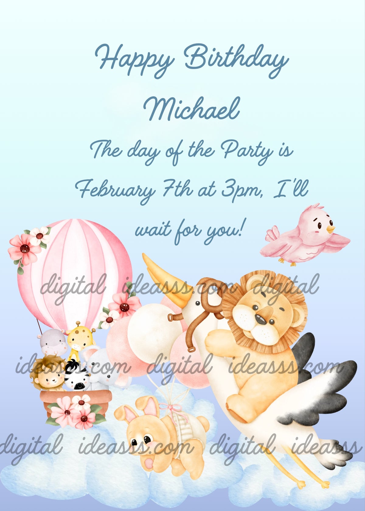 A lion riding a stork, a bunny floating with pink and white balloons, and a zebra, lion, giraffe and hippo in a pink floral hot air balloon, with a little pink bird flying on a soft blue sky — birthday card for kids aged 1 to 9