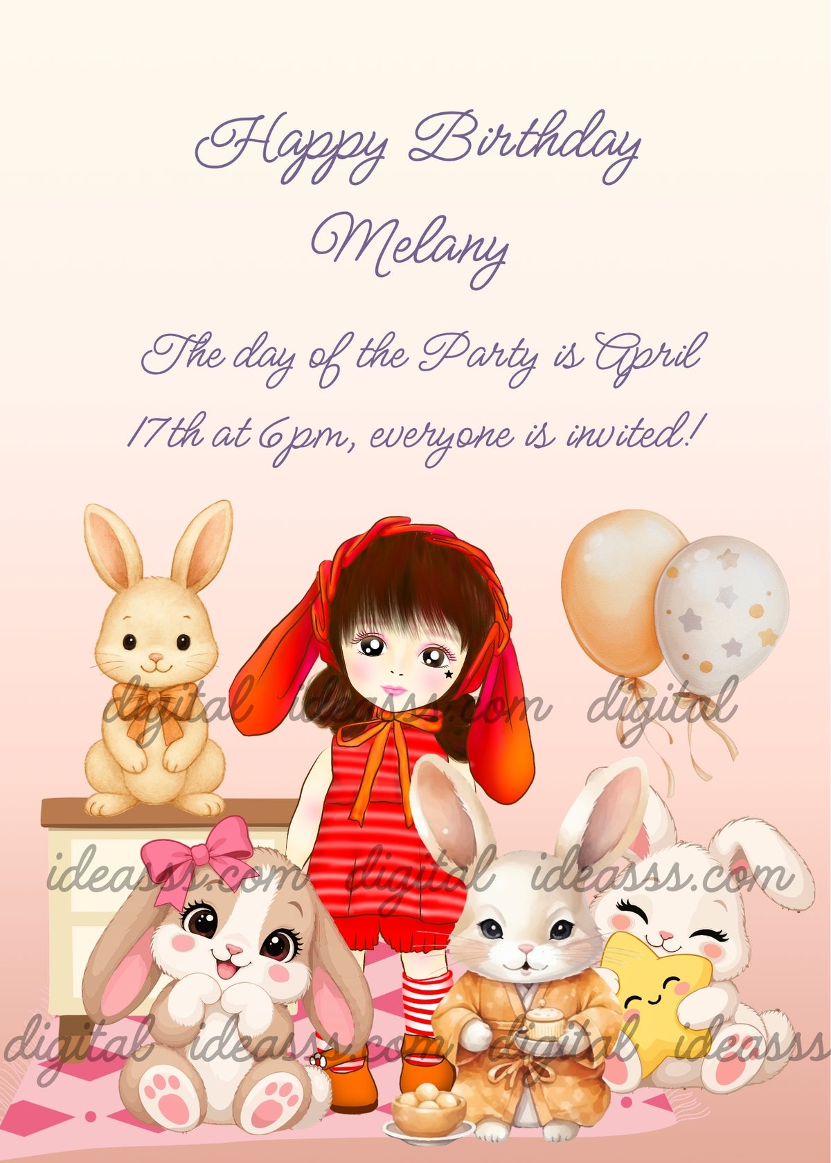 Girl in a red bunny costume surrounded by bunny toys: beige bunny on a small cabinet, white-and-brown bunny with a pink bow, kimono bunny near a teacup, and white bunny holding a star on a pink patterned rug - printable birthday card for girls aged 5 to 12