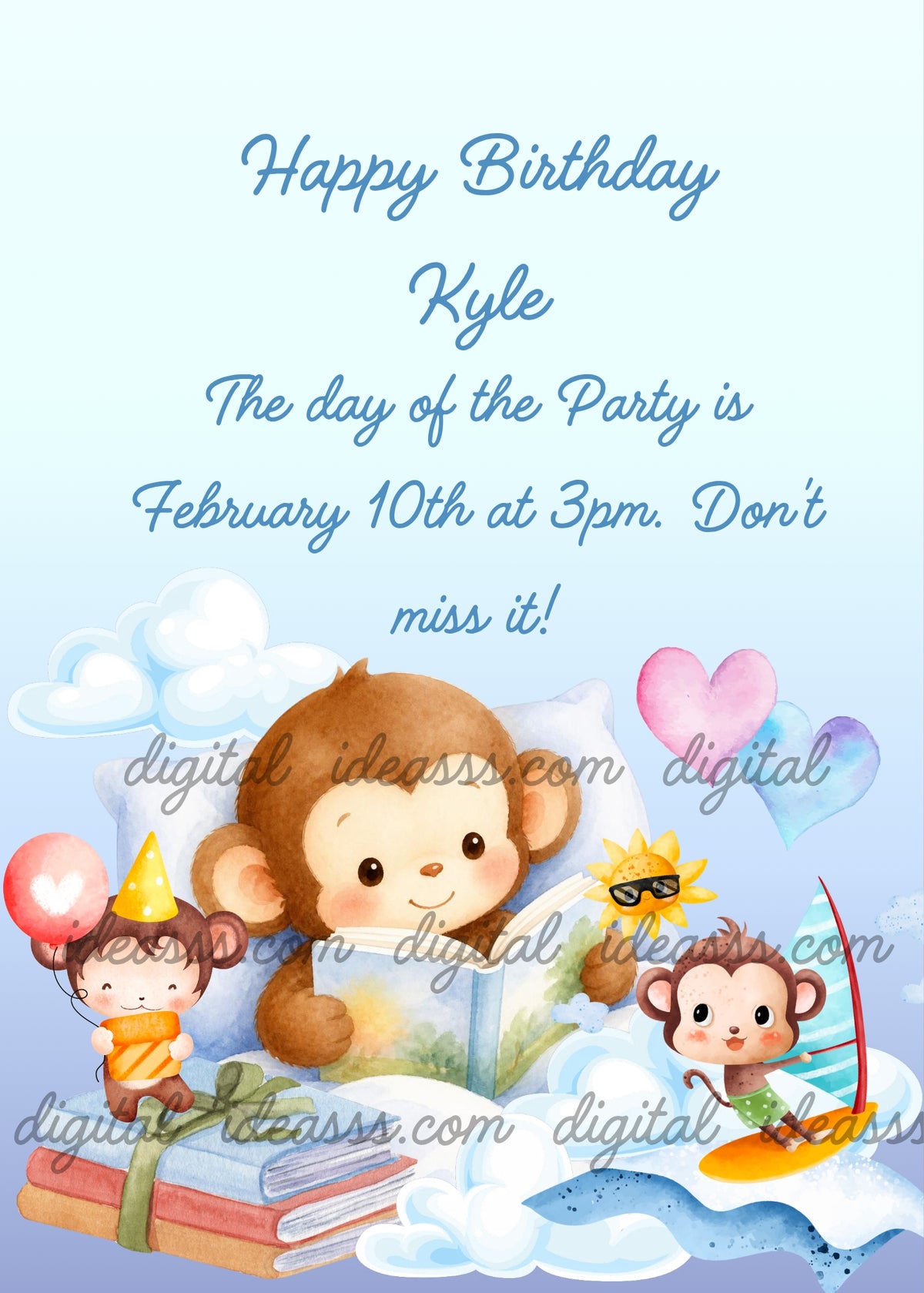 A little monkey reading a book in bed dreaming of surfing at the sea, celebrating at a party with a birthday hat and a toast, with two pink hearts floating among the dream clouds — birthday card for kids aged 1 to 7