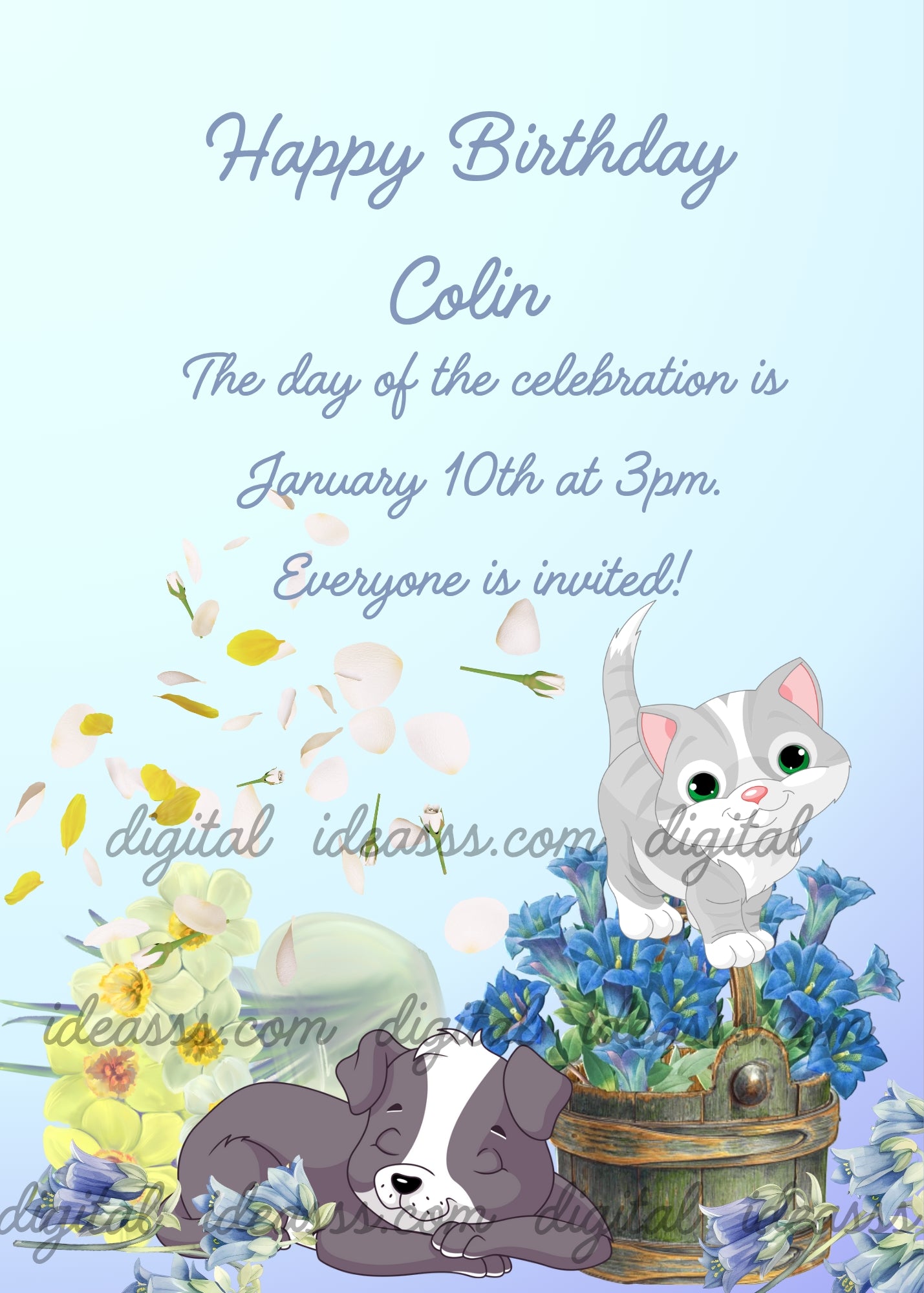 A cute grey cat with green eyes perched on a wooden basket full of blue flowers, a sleeping grey and white puppy among yellow daffodils and scattered petals, on a soft light blue gradient background — printable birthday card for kids aged 1 to 12