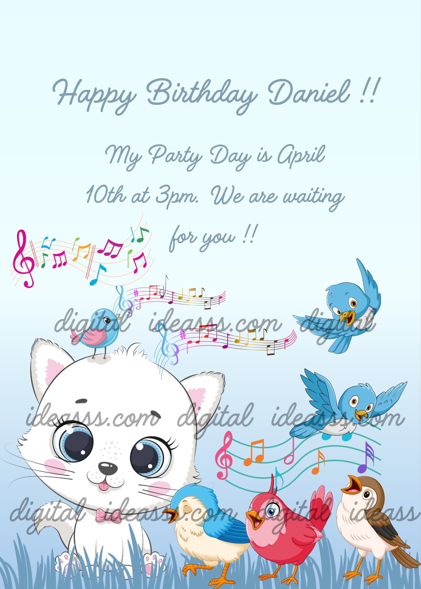A white kitten with colorful birds singing and musical notes on a light blue background - printable birthday card for kids 1-9