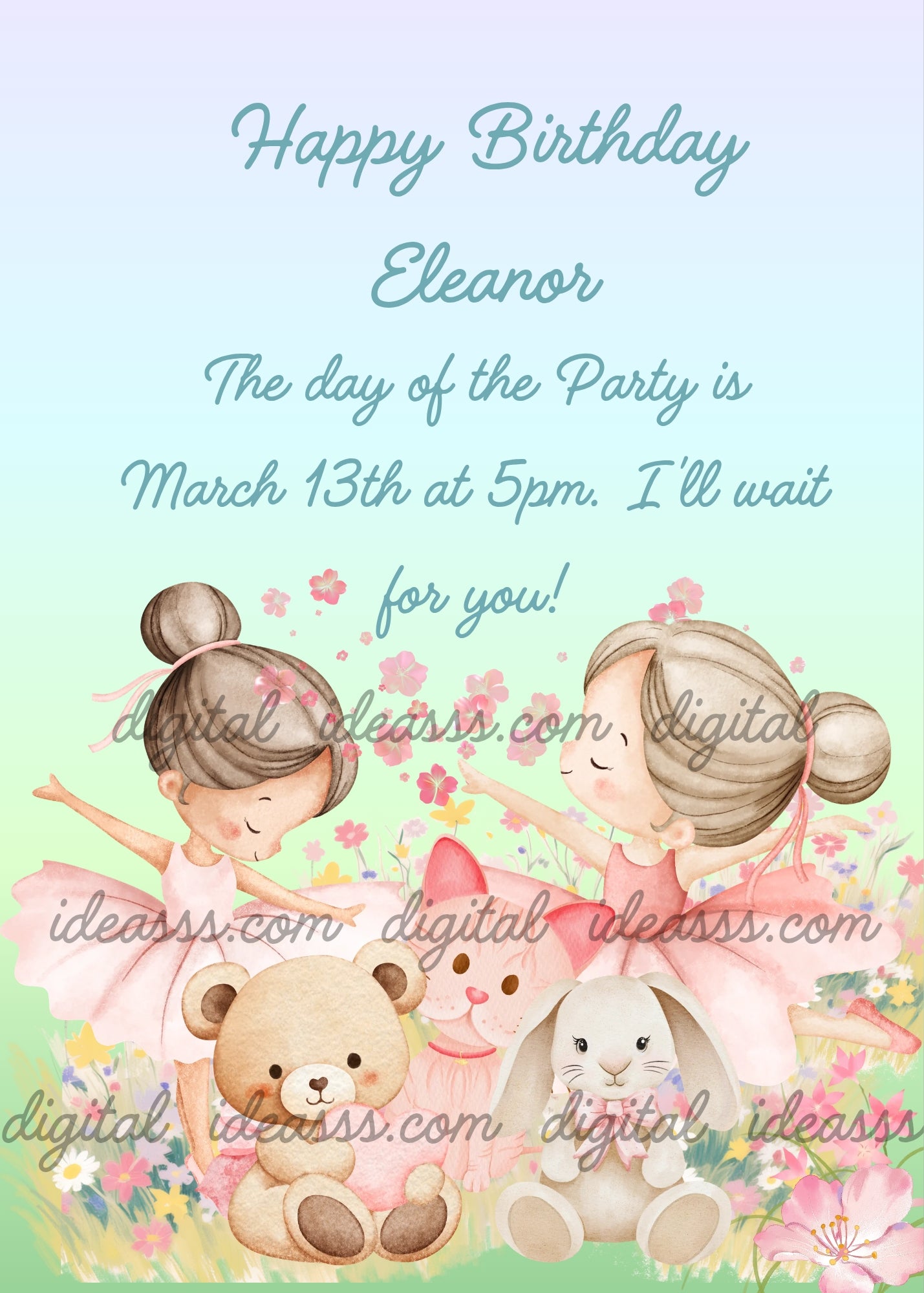 Two little ballerinas in pink tutus dancing for their plush toys — a teddy bear, a bunny and a pink cat — among spring flowers on a soft blue and green gradient background — birthday card for girls 3-10