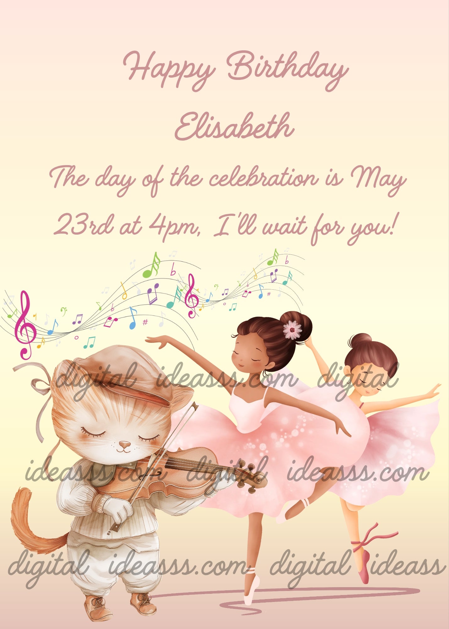 A cat playing violin with colorful musical notes while two ballerinas in pink tutus dance on a soft peach background — birthday card for girls 3-12