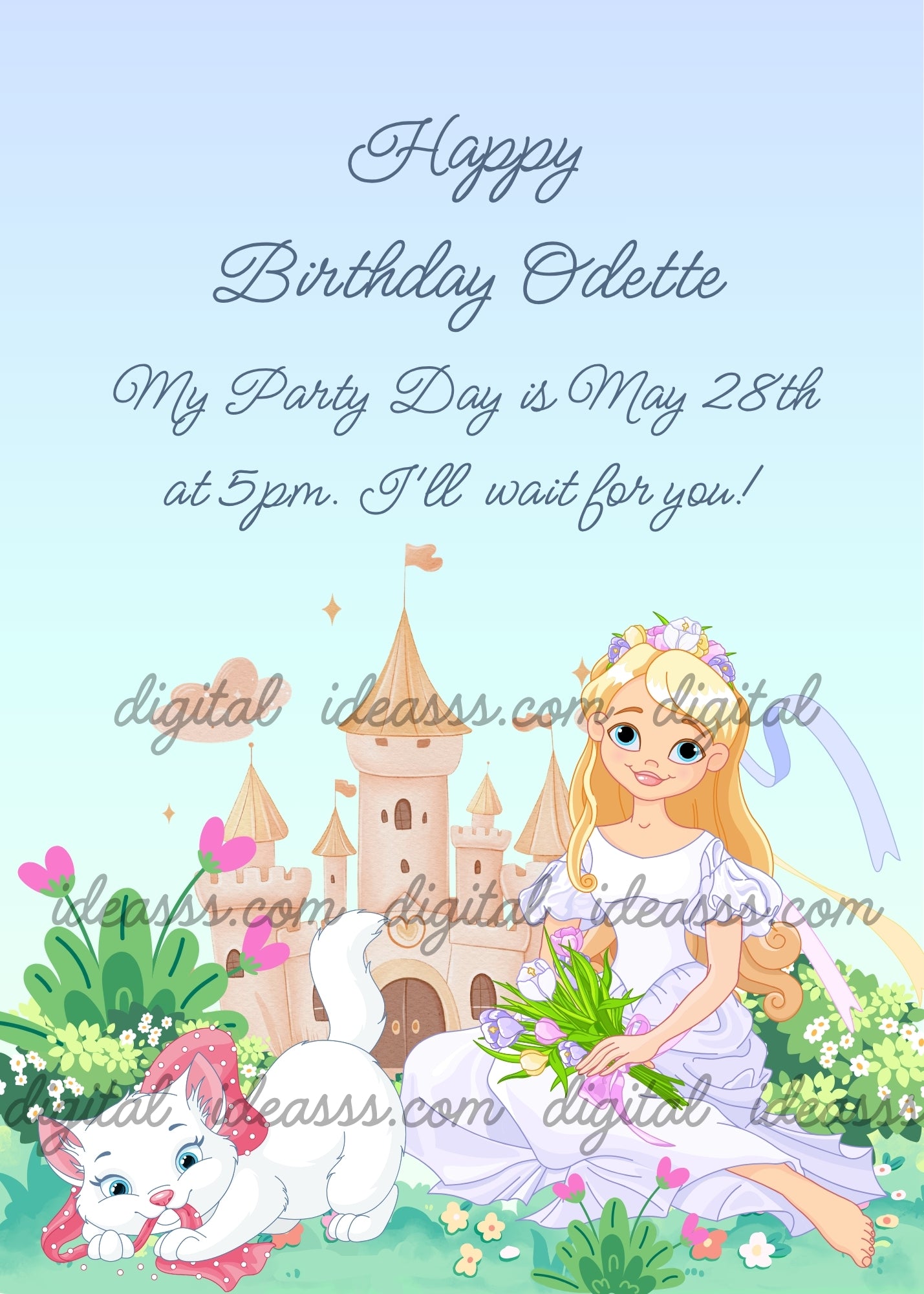 A blonde princess with a flower crown sitting on the grass holding a bouquet of tulips, an adorable white kitten with a pink bow playing in the foreground, a beige castle with towers in the background, colorful flowers and green bushes on a soft blue gradient background — birthday card for girls aged 5 to 12