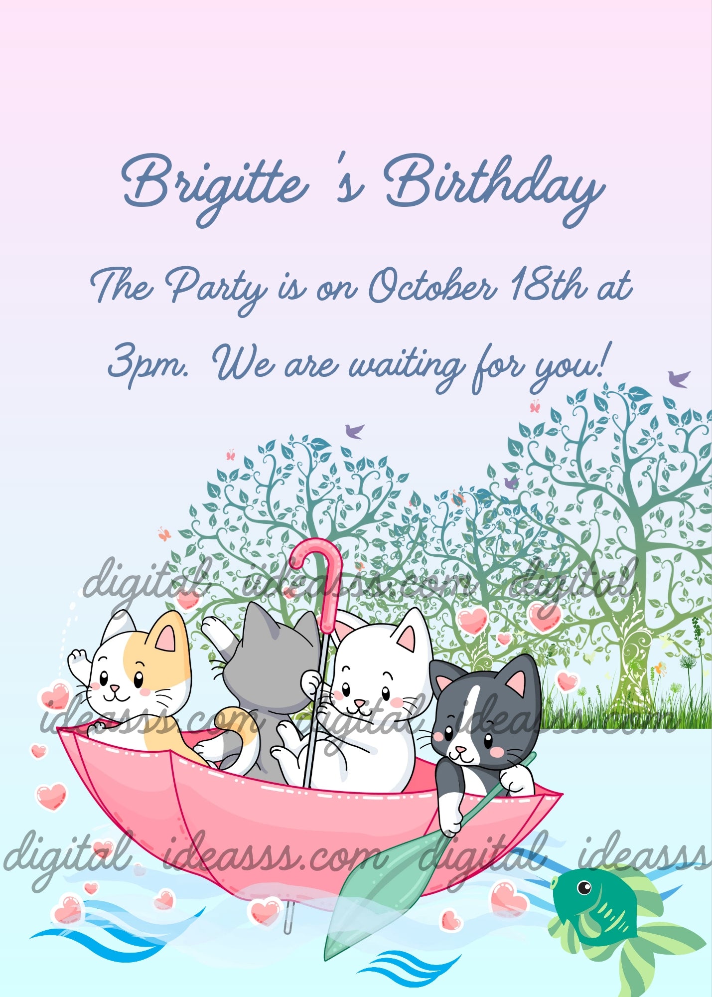 Four cute cartoon kittens in orange, gray, white and black and white colors sailing in a pink umbrella on blue water with pink hearts, surrounded by decorative teal trees and a small green fish, on a soft pink and blue gradient background — printable birthday card for kids aged 1 to 9
