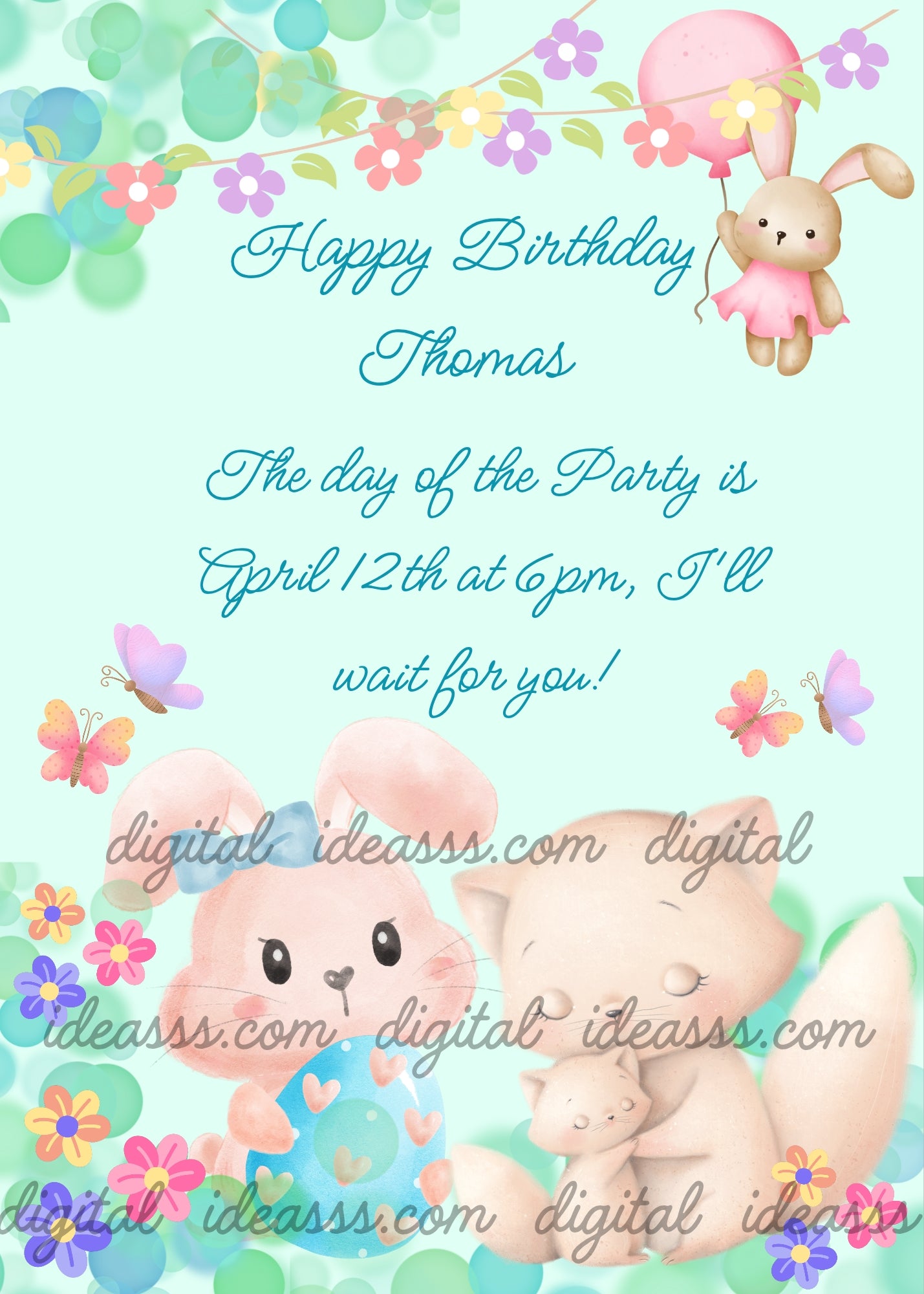 A cute pink cartoon bunny and a beige mother cat cuddling her tiny kitten together among colorful flowers and butterflies, with a small bunny toy holding a pink balloon hanging from a floral garland above, on a soft mint green watercolor background — printable birthday card for kids aged 1 to 9
