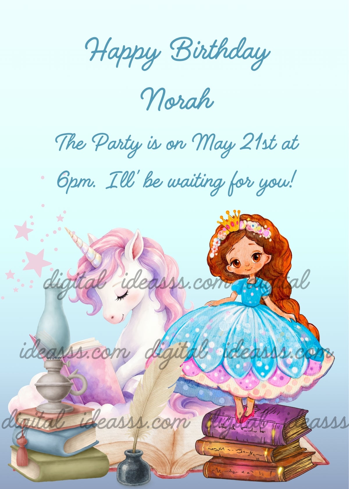 Cute princess with long red hair, a golden crown and a blue dress standing on a stack of books beside a white unicorn with a pink and lilac mane, surrounded by an oil lamp, an open book, a quill in an inkwell and lilac stars against a light blue background - printable birthday card for girls aged 5 to 10