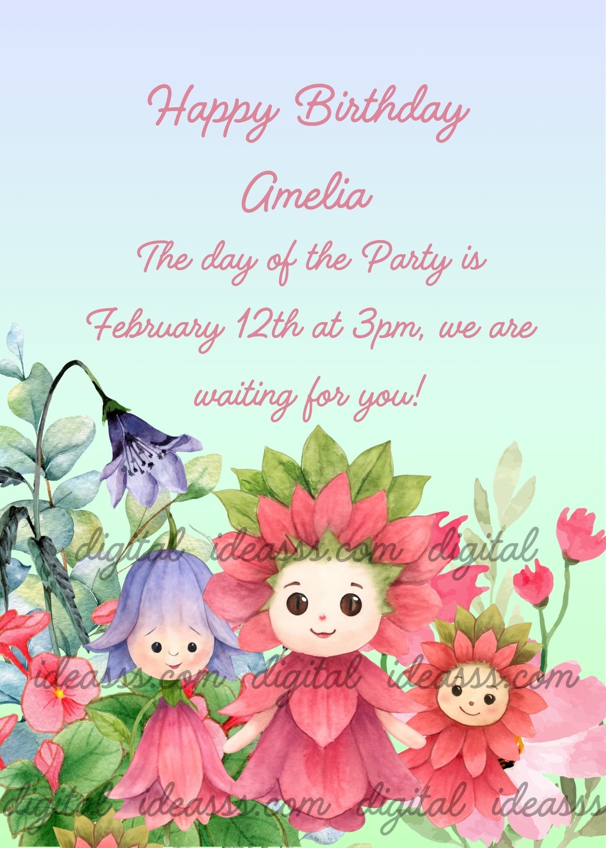 Three flower elves: large pink Anemone elf with green leaf crown, violet Bellflower elf with petal skirt, tiny baby Anemone elf, red and pink begonias, eucalyptus leaves, purple bellflower, mint green background — birthday card for girls aged 5 to 12