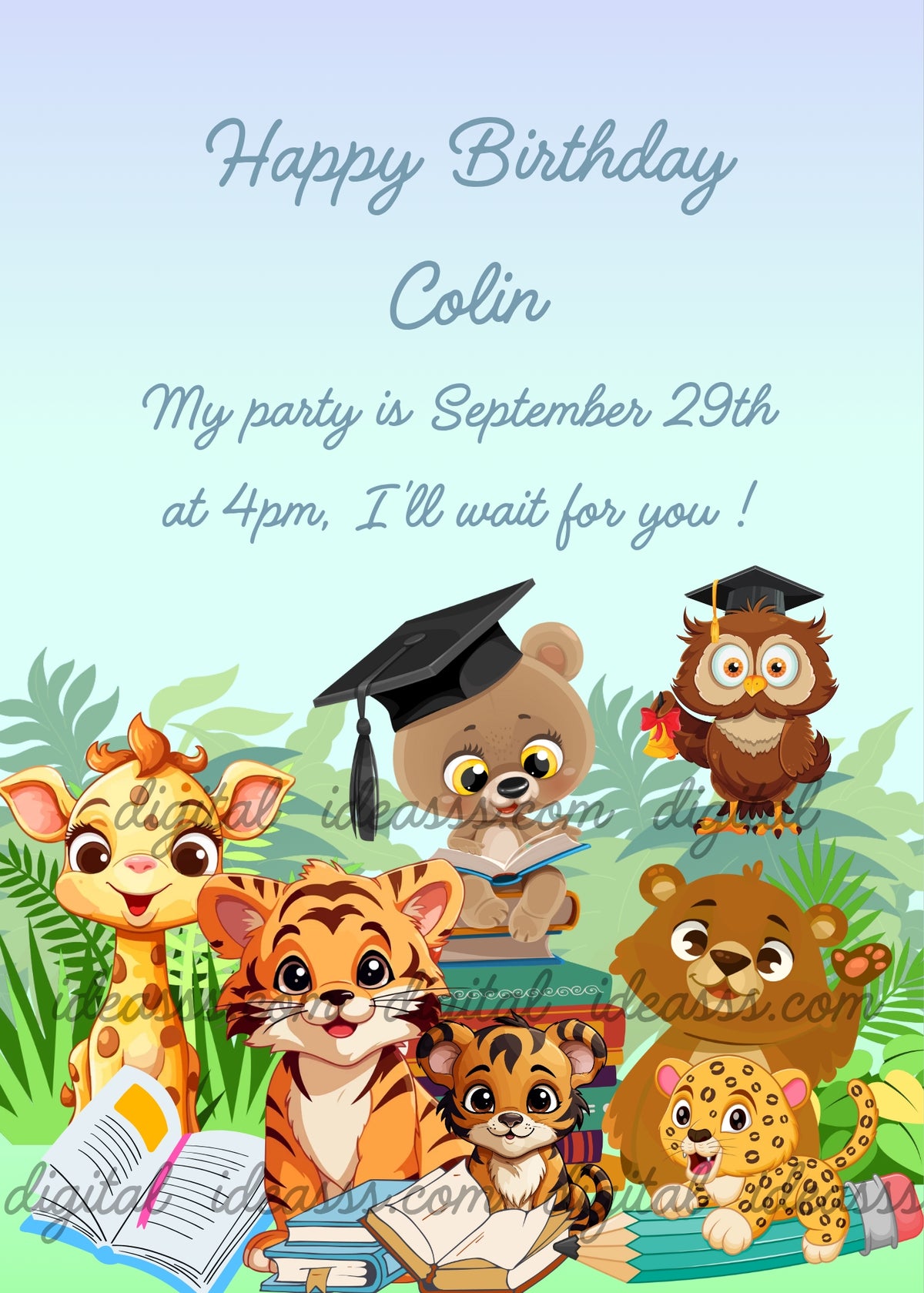 A smiling giraffe, a bear teacher with graduation cap on a stack of colorful books, two tiger cubs, a little lion waving, a yellow leopard cub with a pencil, and a brown owl janitor with graduation cap and bell, surrounded by tropical leaves — cartoon birthday card for kids aged 5 to 10