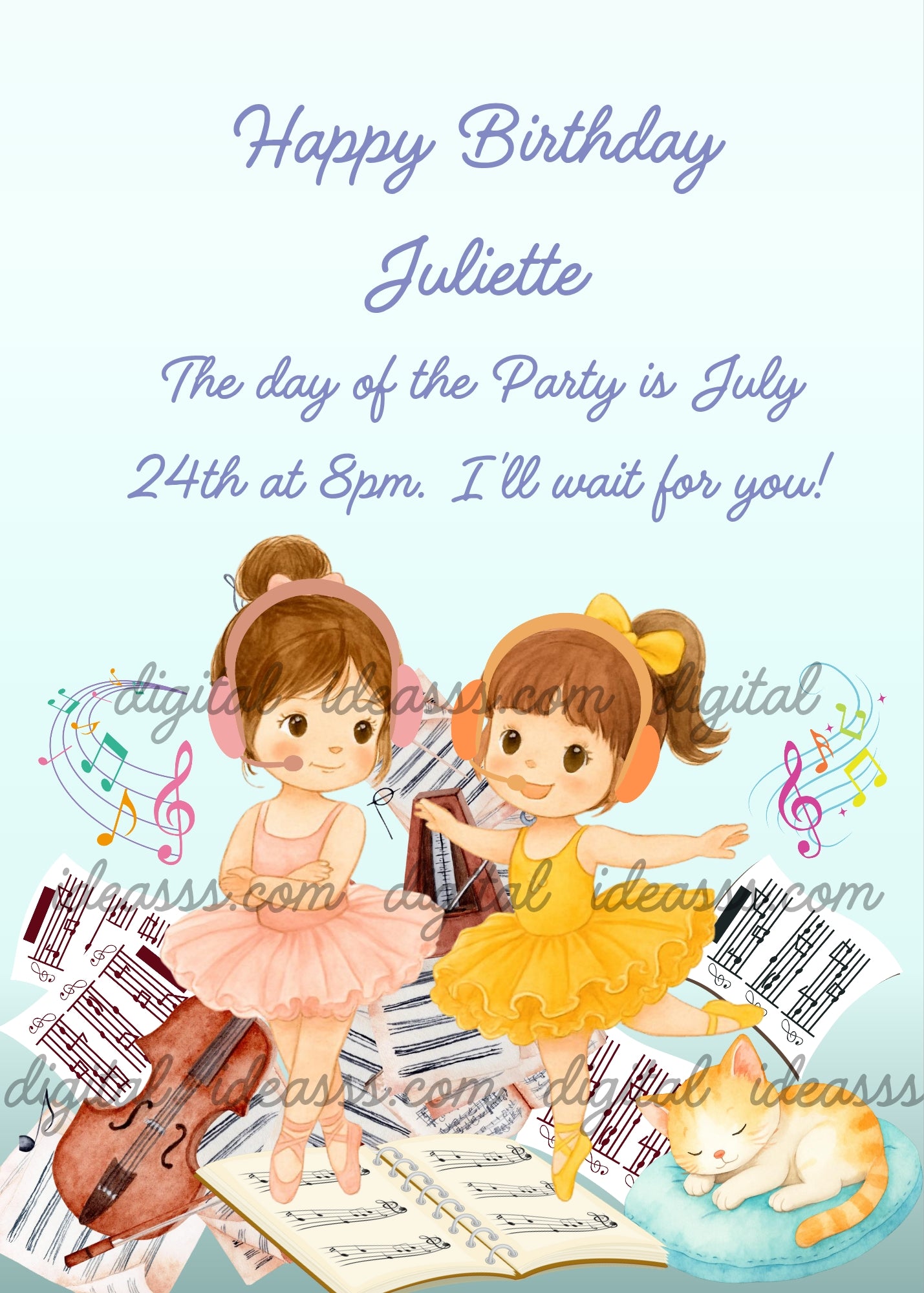 Two little ballerinas wearing headphones dancing amidst sheet music and instruments, with a sleeping cat on a soft blue cushion — a birthday card for girls aged 5 to 10