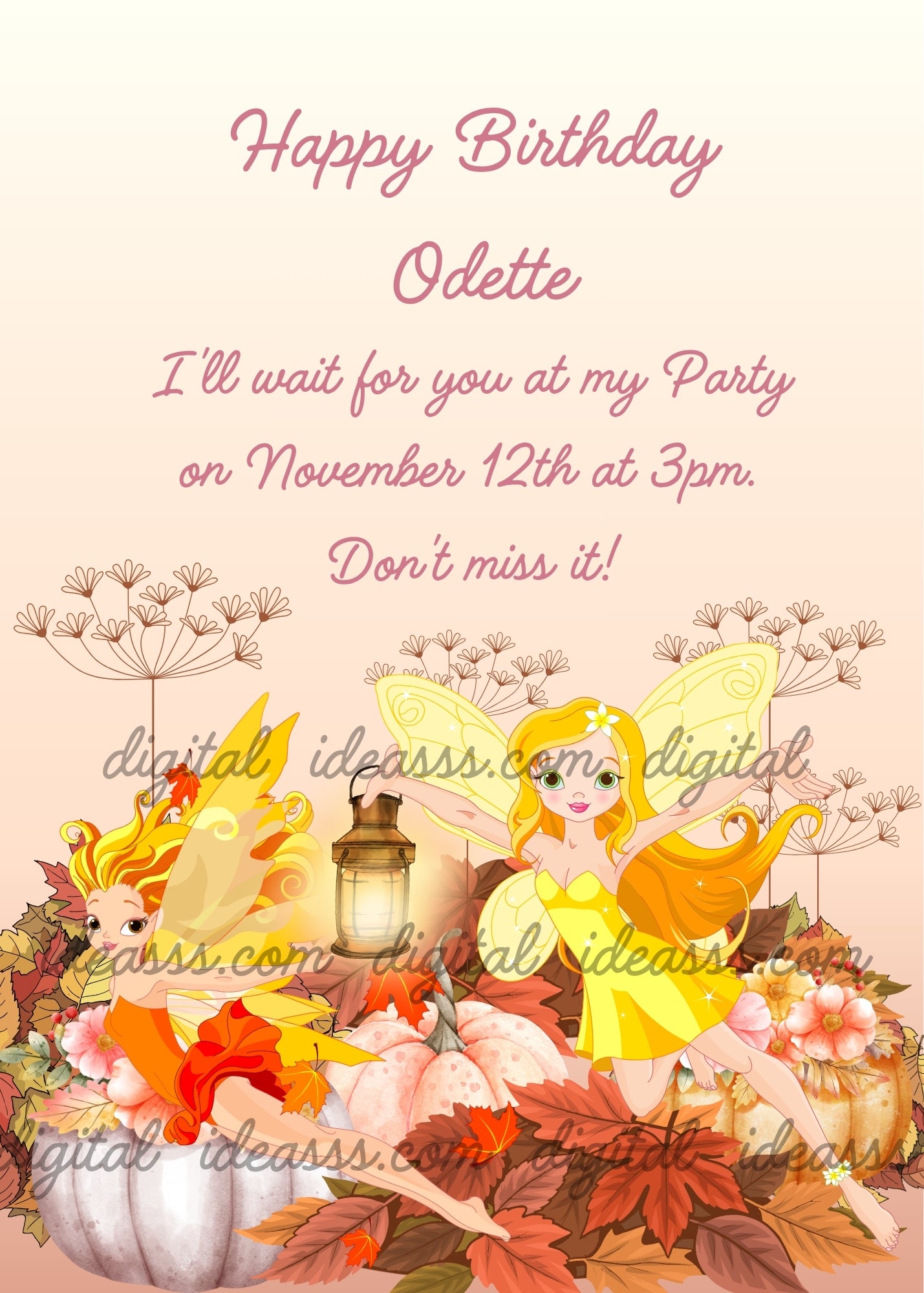 Two autumn fairies in yellow and orange dresses flying among pumpkins, piles of autumn leaves and wildflowers, one holding a vintage lantern, a lilac pumpkin filled with pink flowers in the center, on a warm peach gradient background — birthday card for girls aged 9 to 14