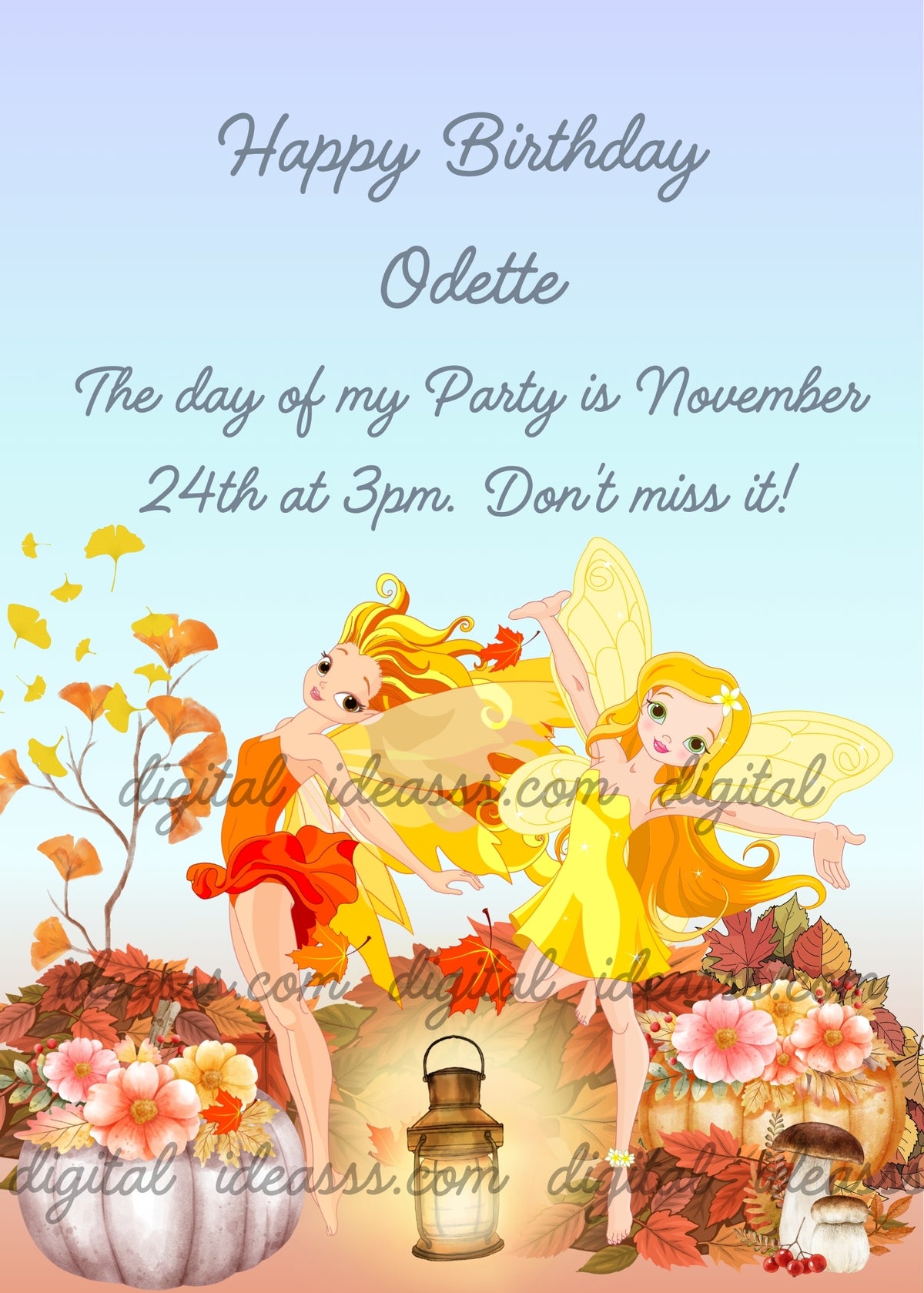 Two autumn fairies in orange and yellow dresses pose among fallen leaves, with a ginkgo branch on the left, flower-topped pumpkins at the sides, and a glowing lantern resting on the ground. The scene has a soft blue sky - printable birthday card for girls aged 9 to 14