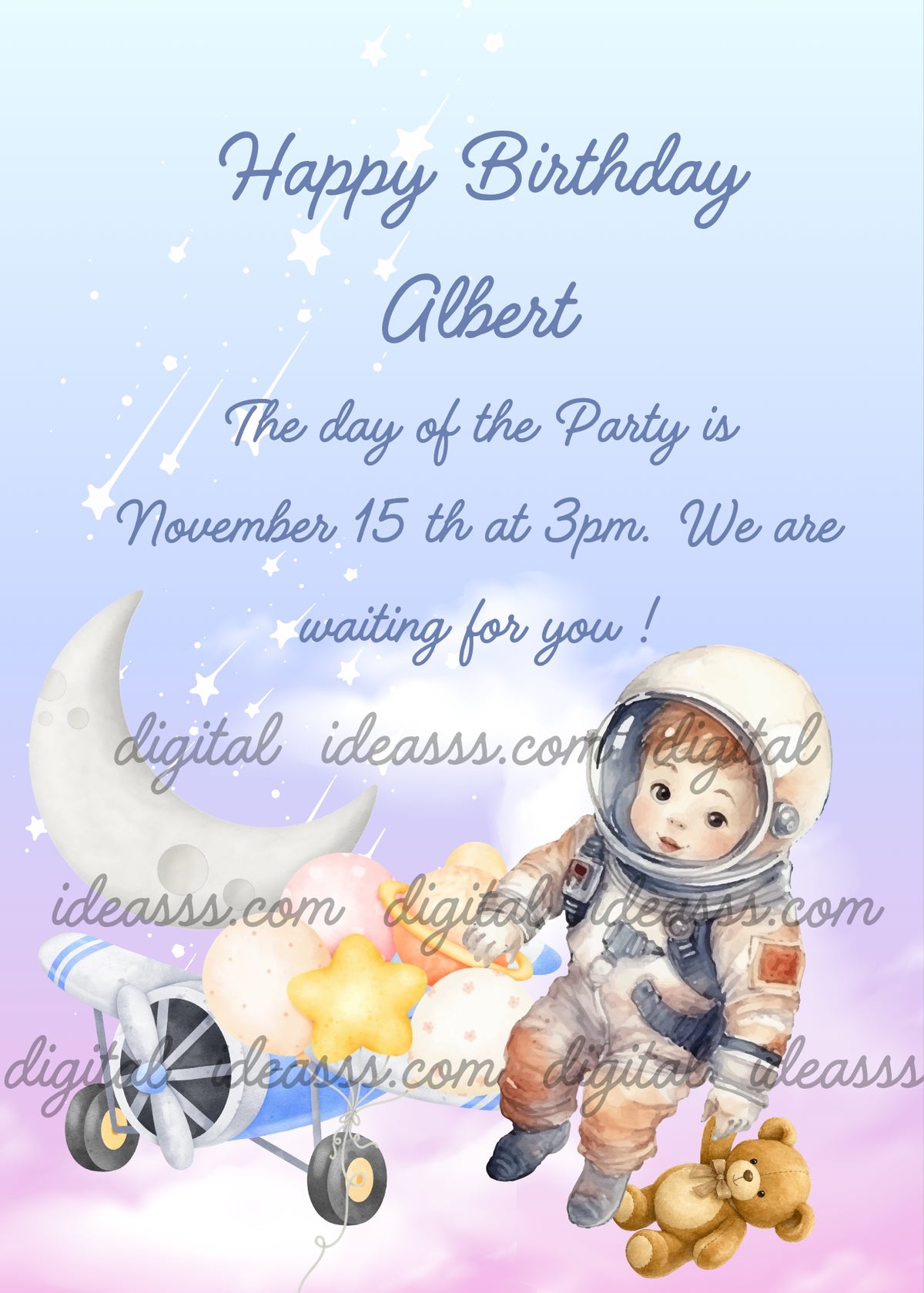 A cute boy astronaut floating in space next to a small white and blue airplane with colorful balloons tied above its wheel, a sweet teddy bear with a beige bow, a white crescent moon, shooting stars and soft pink and blue clouds on a gradient light blue background — birthday card for boys aged 5 to 10