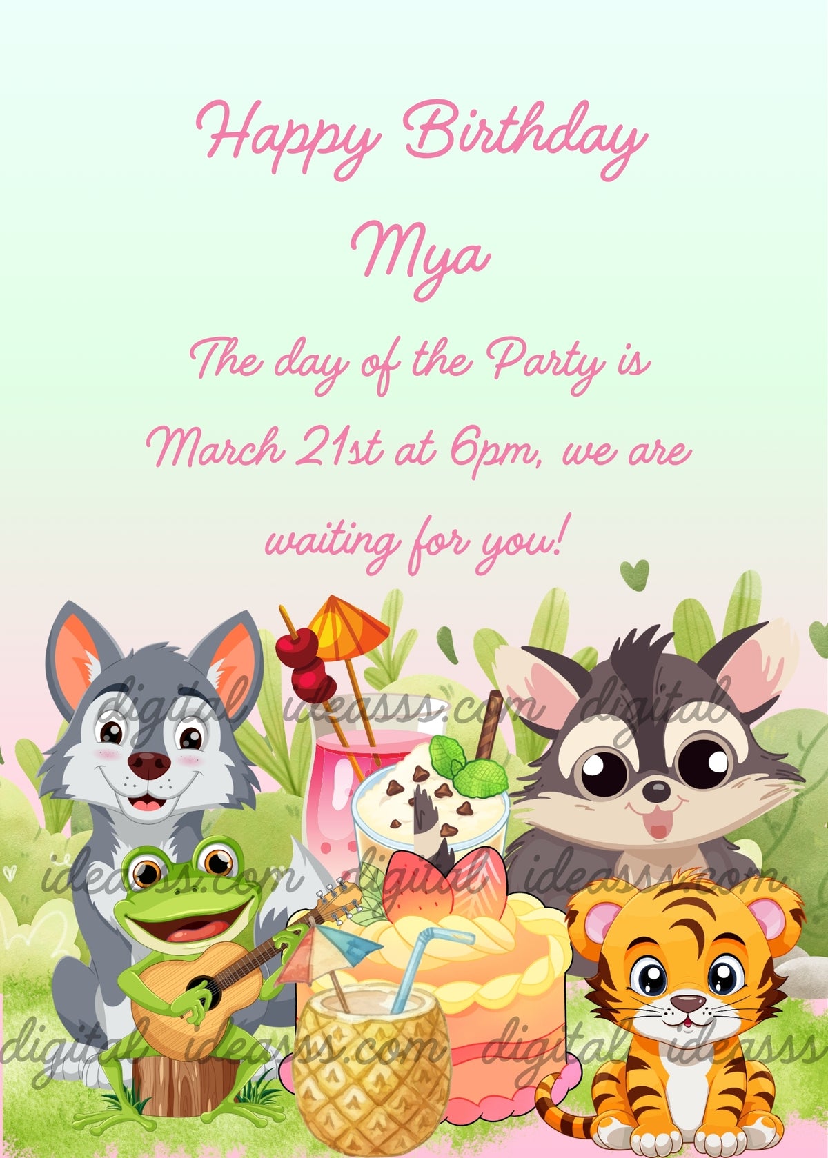 A wolf, a frog playing guitar, a baby tiger, and a raccoon celebrating with tropical drinks, a pineapple cocktail, and a colorful cake among jungle plants — birthday card for kids aged 1 to 9