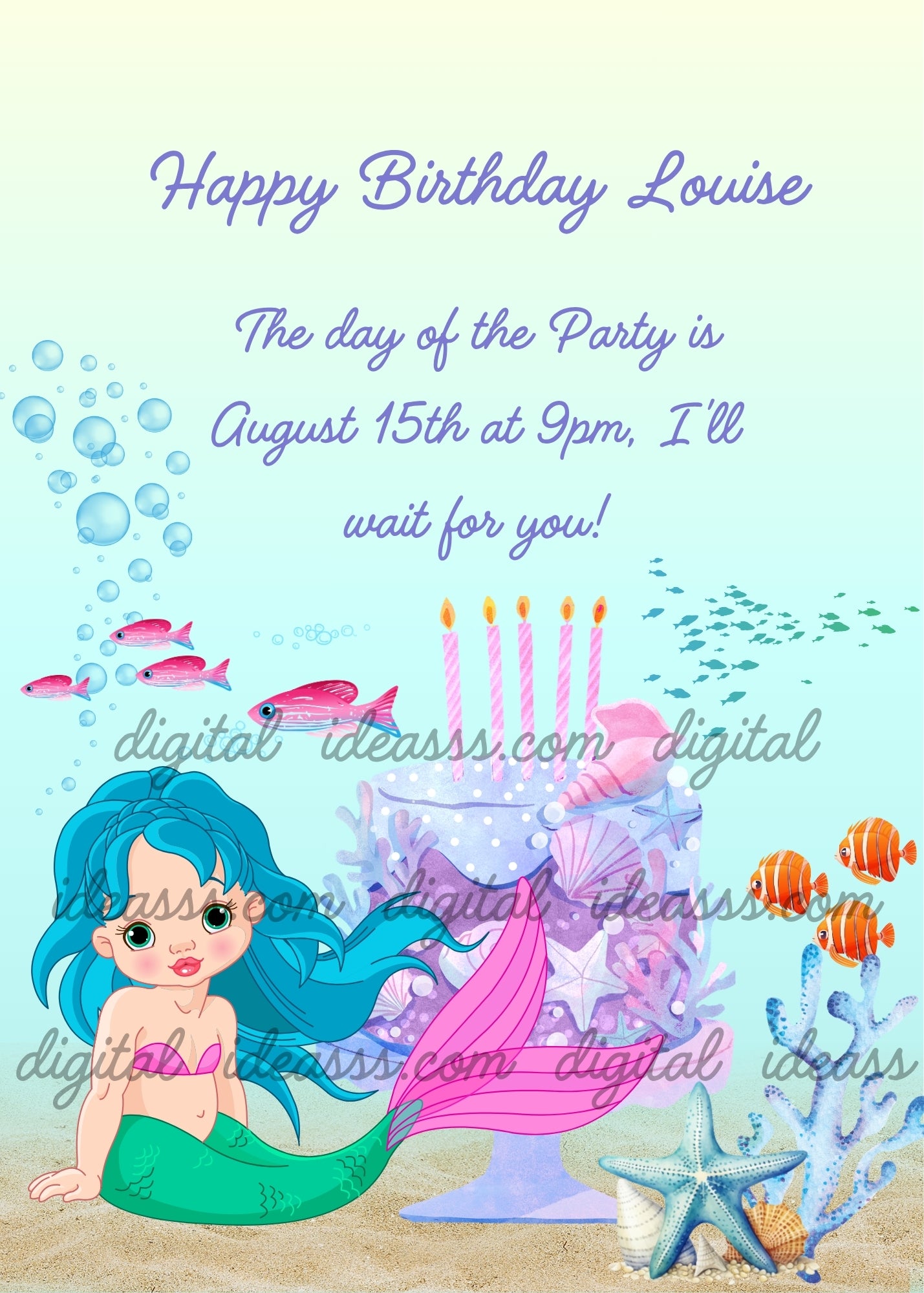 Little mermaid with turquoise hair and green tail, purple birthday cake with candles, orange clownfish and starfish on sandy ocean floor — birthday card for girls aged 6 to 13