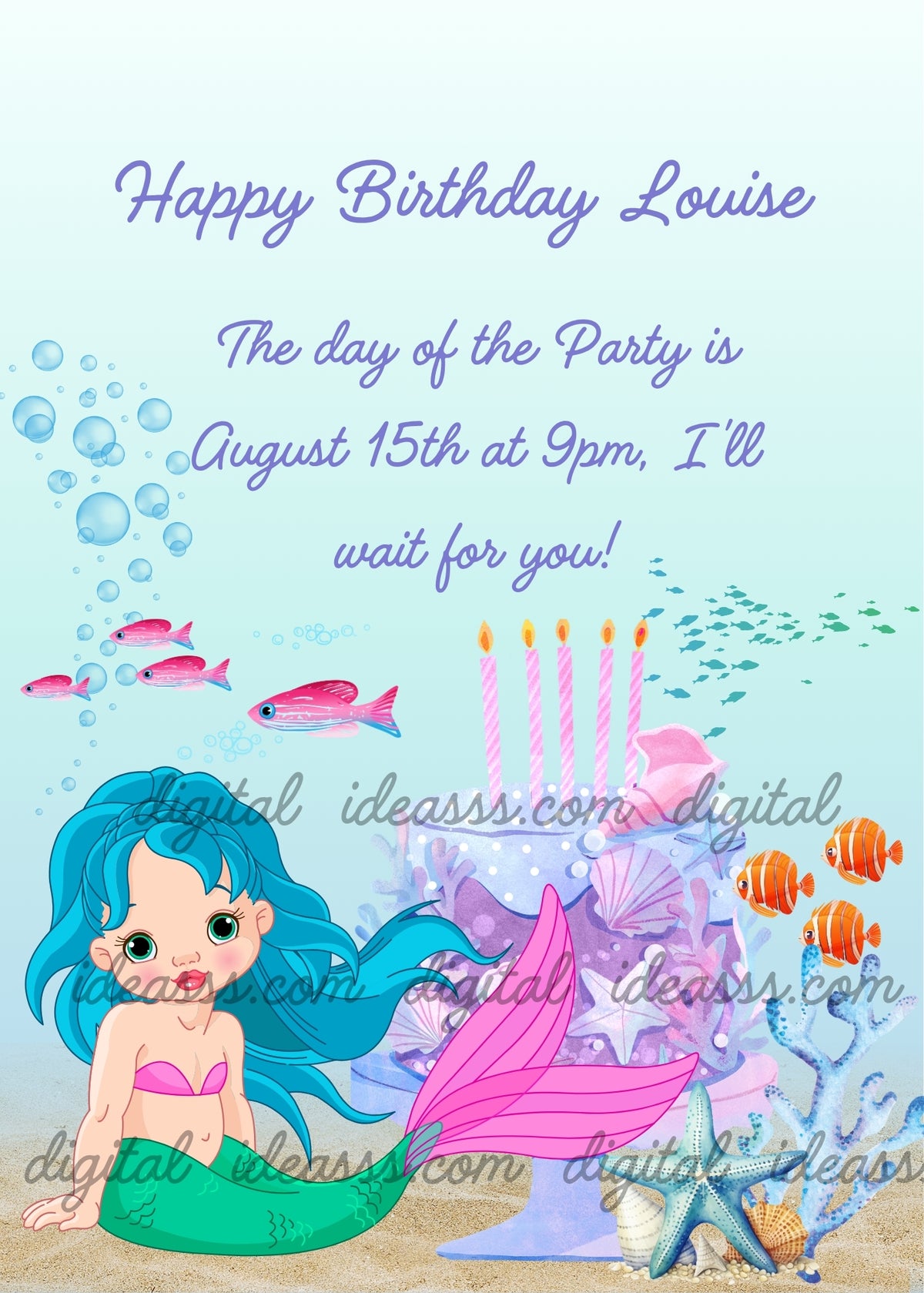Kawaii mermaid with turquoise hair and green tail sitting on the ocean floor next to a purple shell-decorated birthday cake with five pink candles, surrounded by pink fish, orange fish, bubbles and a blue starfish — birthday card for girls aged 6 to 13