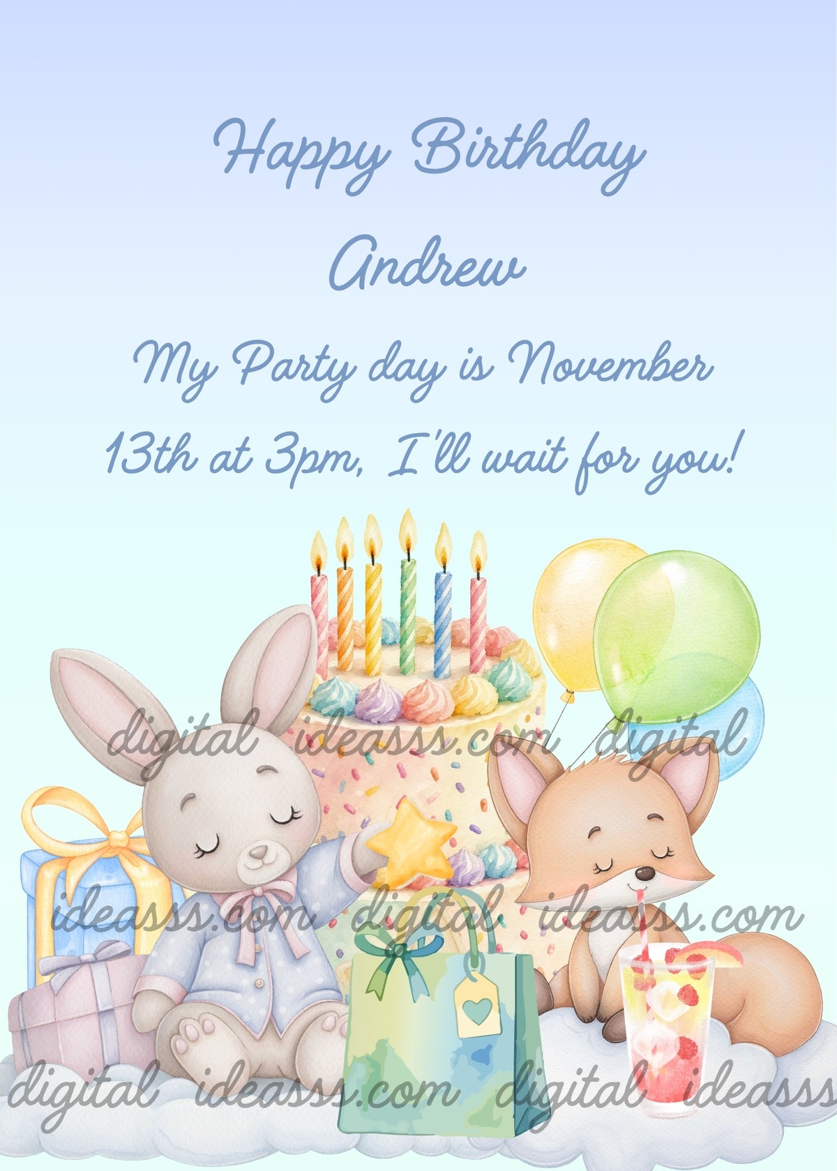 A sweet bunny in a blue outfit sits with closed eyes on a fluffy white cloud, holding a star in its paws. Beside the bunny, a colorful birthday cake glows with lit candles, while an adorable fox enjoys a drink through a straw. Pastel balloons, blue and pink gift boxes, and a teal gift bag complete the soft azure sky scene - printable birthday card for children aged 1 to 7