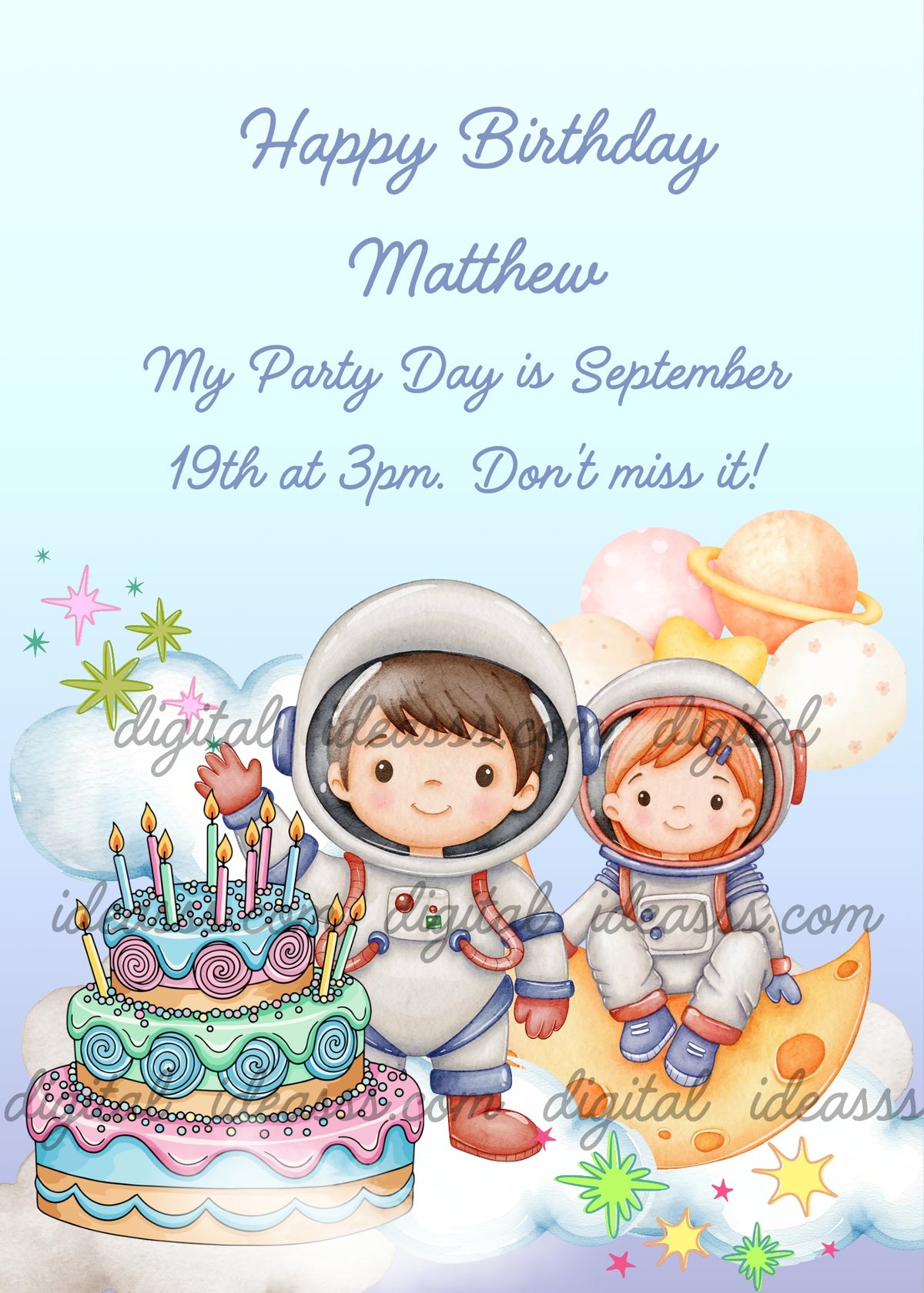 A boy and girl dressed as astronauts floating above clouds in space, with the girl sitting on a yellow moon and the boy waving, a birthday cake on a fluffy cloud, colorful star-shaped sparkles, and planet balloons on a soft light blue background — birthday card for children aged 5 to 12