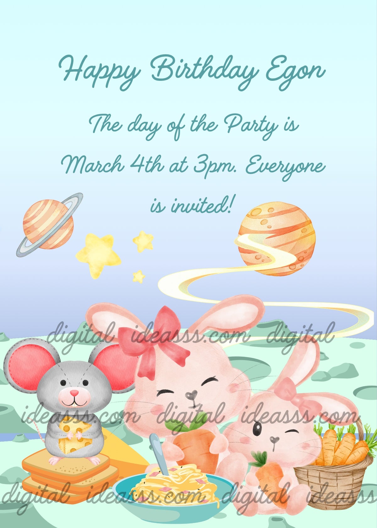 A gray little mouse standing on toast slices holding cheese, two pink bunnies with carrots and a basket of carrots, a bowl of spaghetti carbonara on a lunar surface with craters, Saturn and an orange planet in the sky with yellow stars and a road leading to another planet — birthday card for children aged 1 to 9