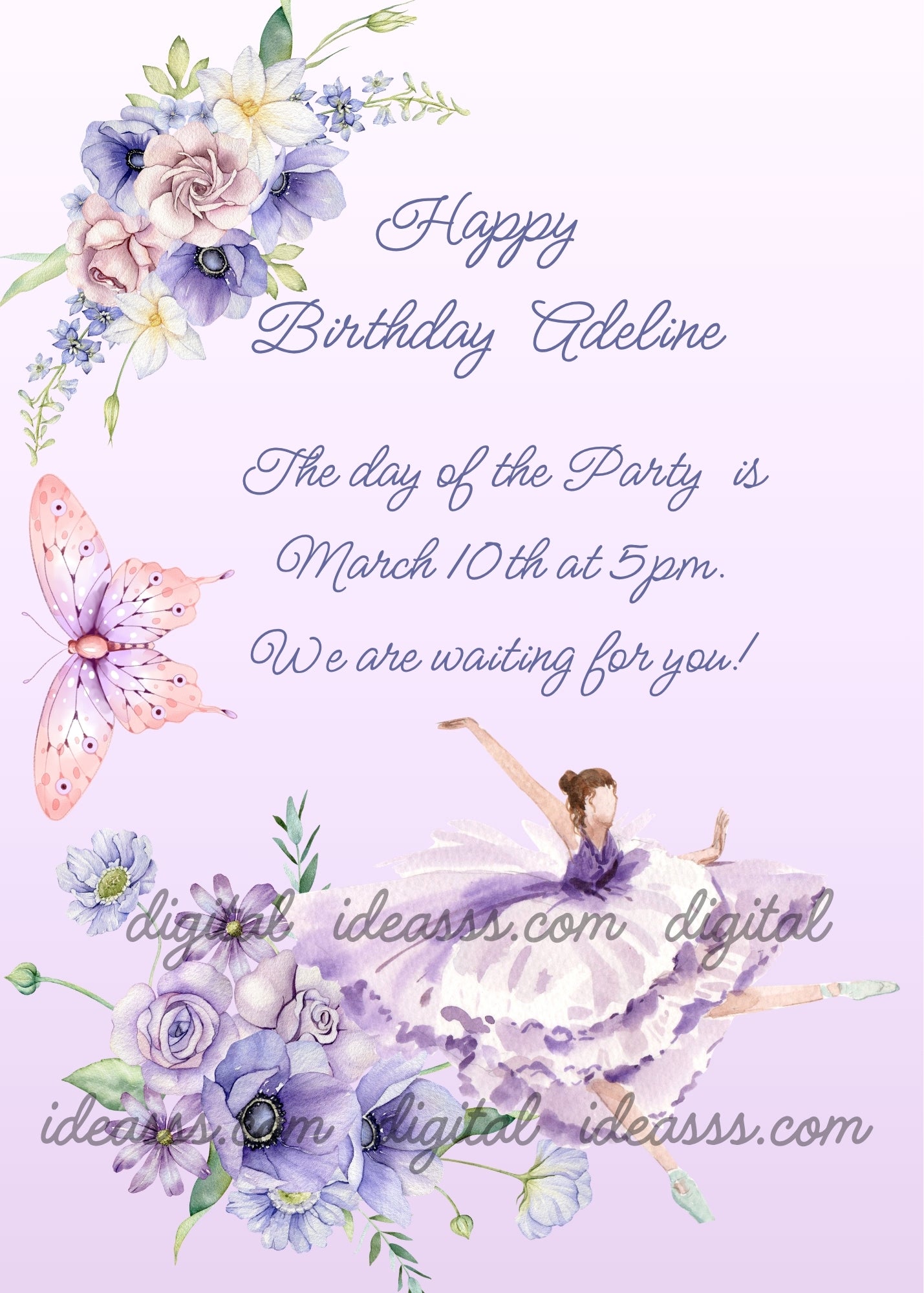 An elegant ballerina in a purple tutu dancing among purple roses and flowers with a butterfly on a soft lavender background — birthday card for girls aged 10 to 14