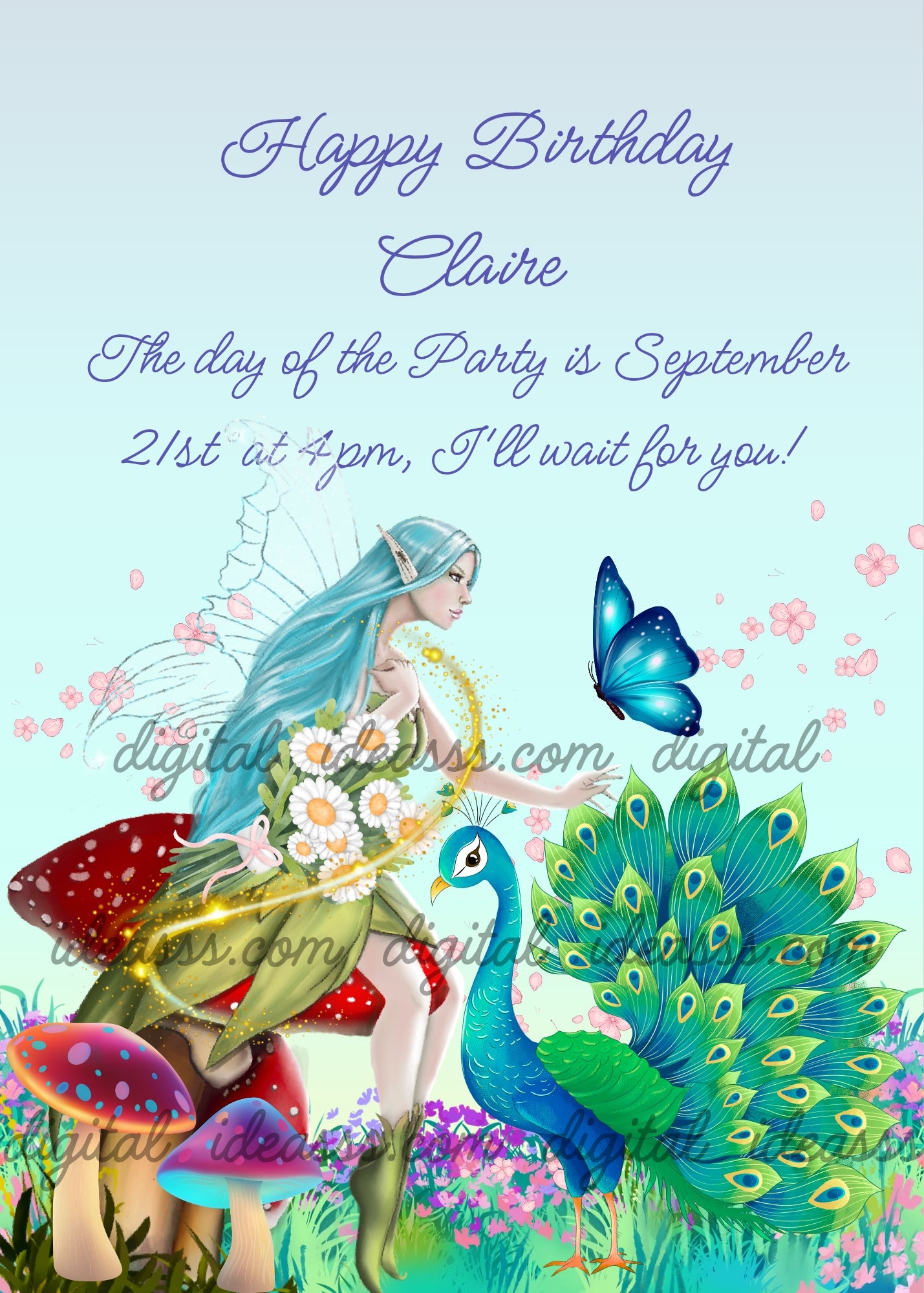 A fairy with long blue hair in a leaf dress sitting on a red mushroom holding white daisies with golden fairy dust around her, a blue butterfly flying nearby, a peacock with open tail in front, colorful mushrooms and flowers on the ground and cherry blossom petals in the air — birthday card for girls aged 10 to 14