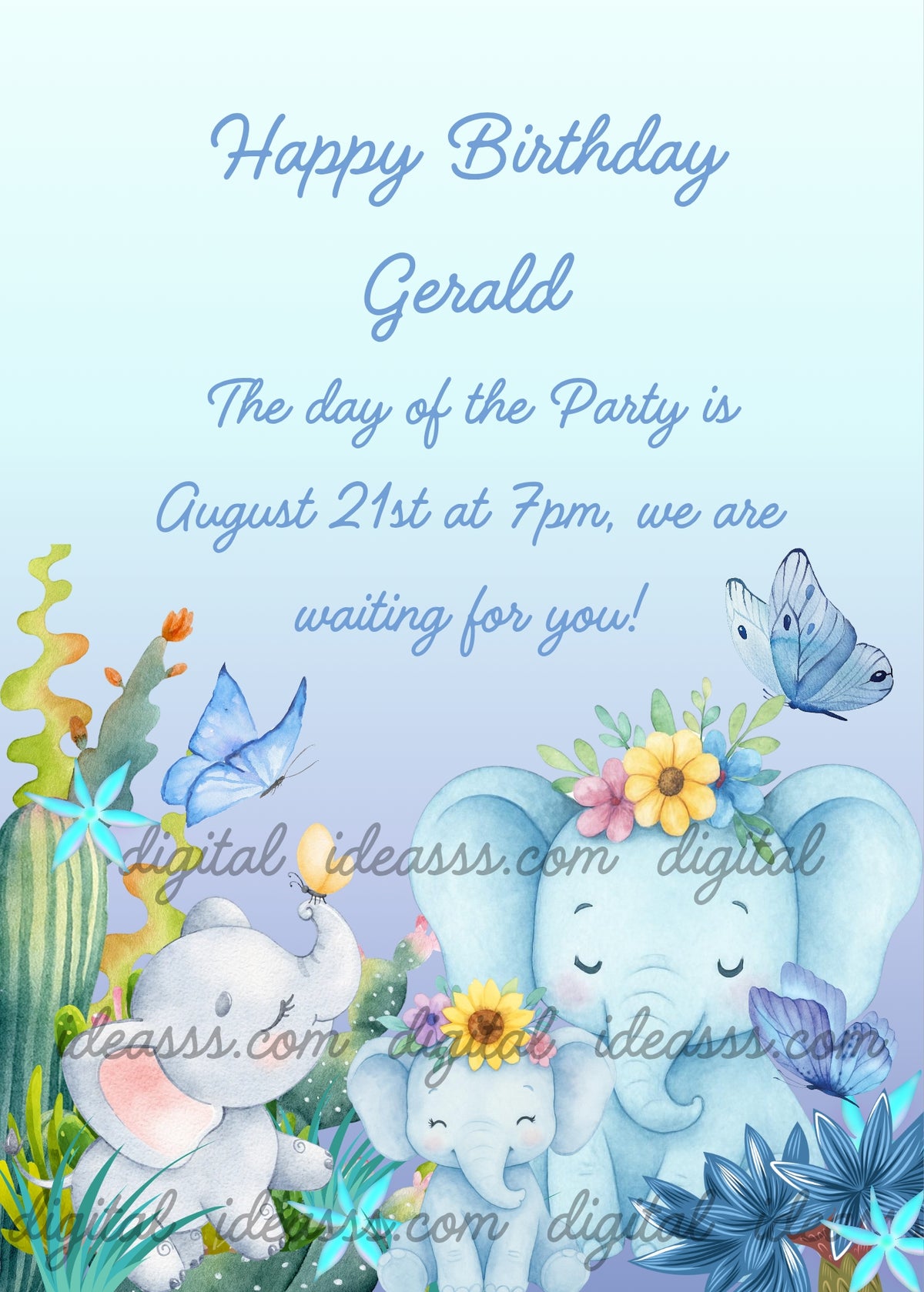 A light blue elephant with a flower crown hugging a baby elephant with a yellow sunflower and a little yellow butterfly on its trunk, a grey elephant peeking from tropical plants, blue butterflies flying around, surrounded by blue flowers, a green cactus and lush tropical plants on a soft pastel blue background — birthday card for kids aged 1 to 8