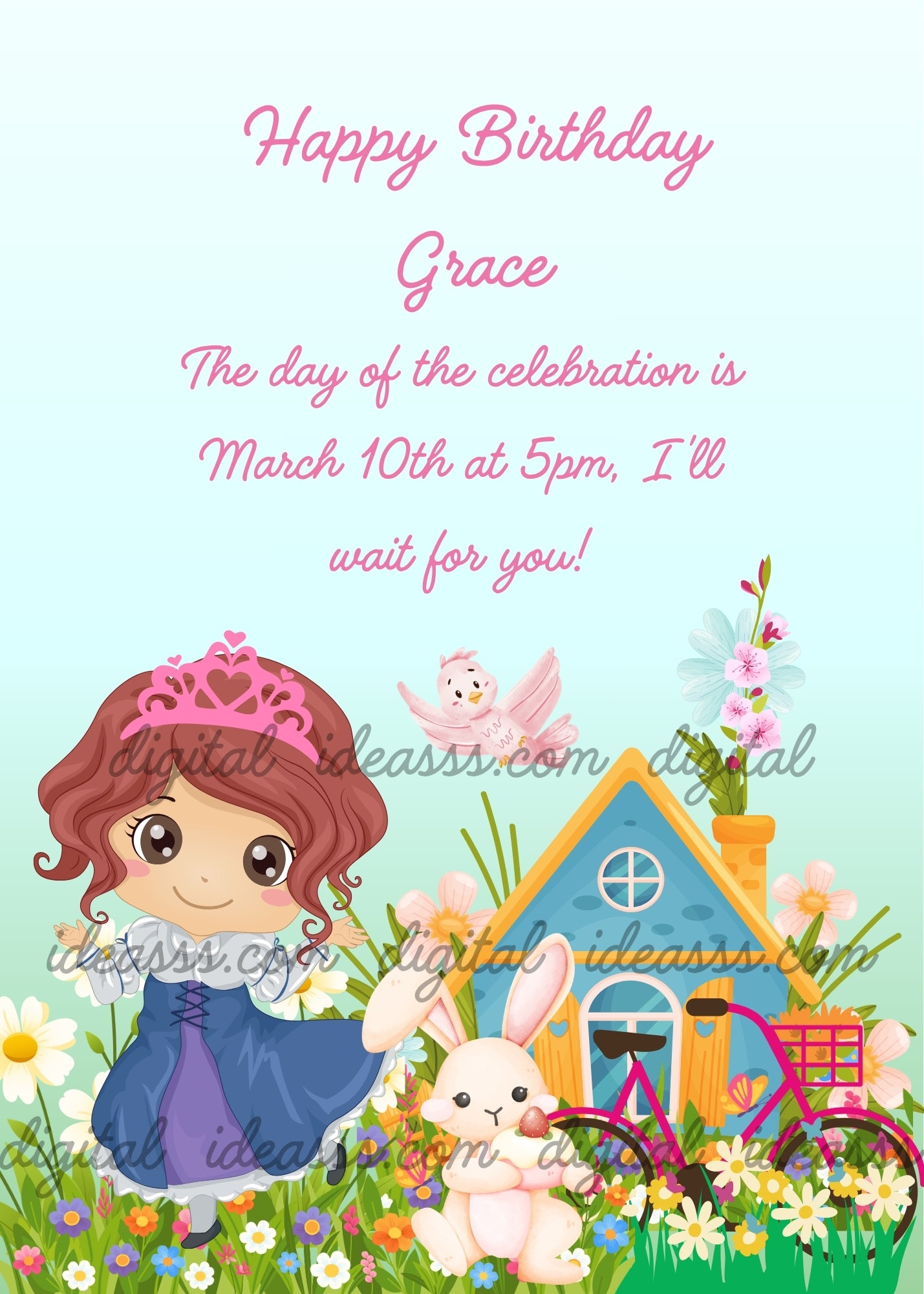 A cute kawaii princess with a pink tiara and blue dress, a white bunny, a blue little house with yellow roof, a pink bicycle, a white bird, and colorful spring flowers on a light blue background — printable birthday card for girls ages 1 to 9