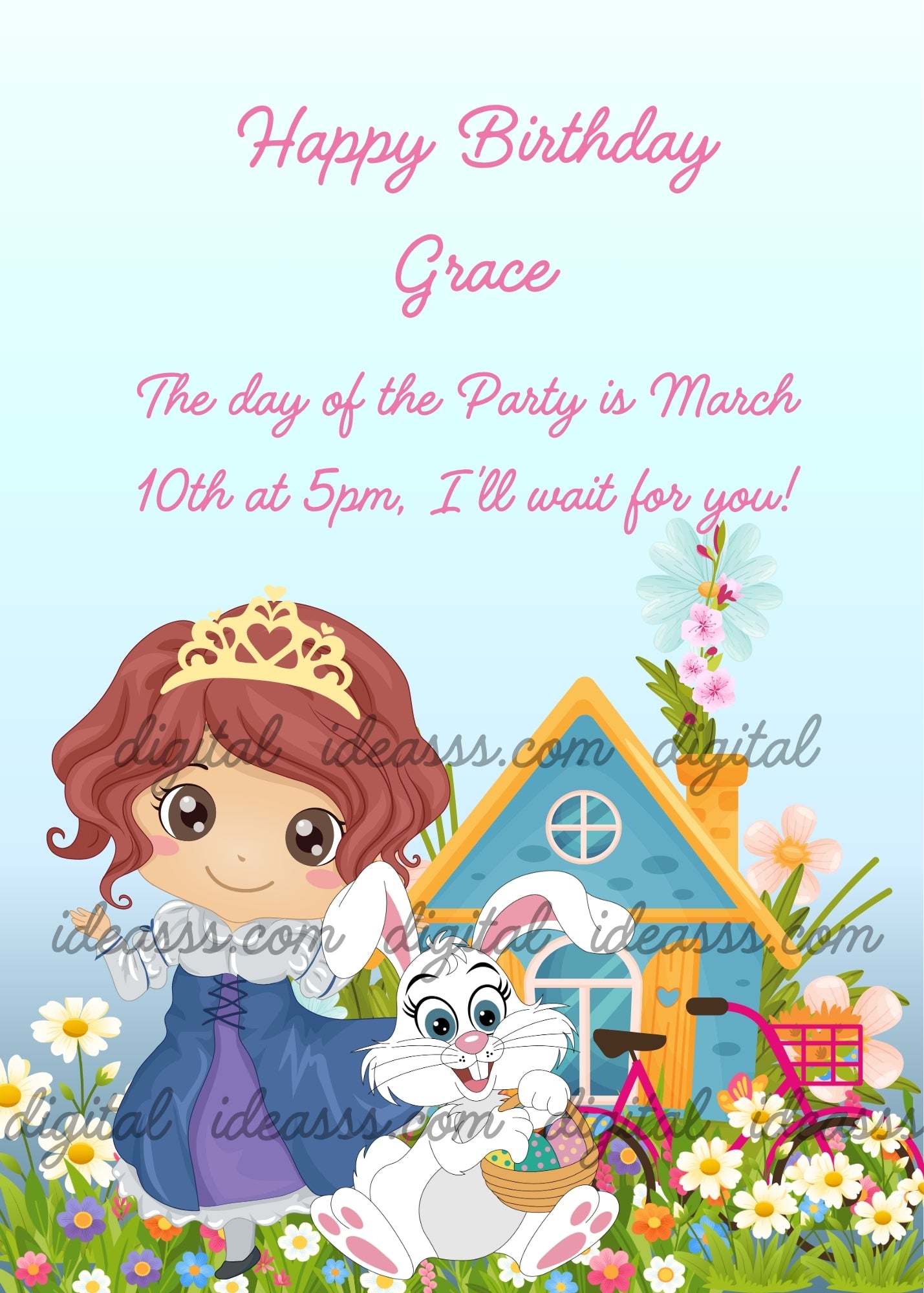 A smiling little princess with brown hair and a light yellow tiara wearing a blue dress, standing next to a cheerful Easter bunny holding a basket of colorful eggs, in front of a charming blue house with an orange and yellow roof with flowers blooming from the chimney, a pink bicycle in the garden, surrounded by white daisies and pink blossoms on a soft blue background — birthday card for girls aged 1 to 9