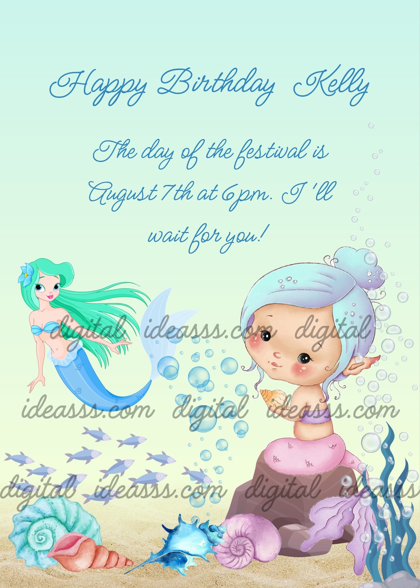 Two mermaids underwater, one with light blue hair sitting on a rock holding a shell, one with green hair and blue tail swimming, purple fish, colorful shells and seaweed — birthday card for girls aged 6 to 12