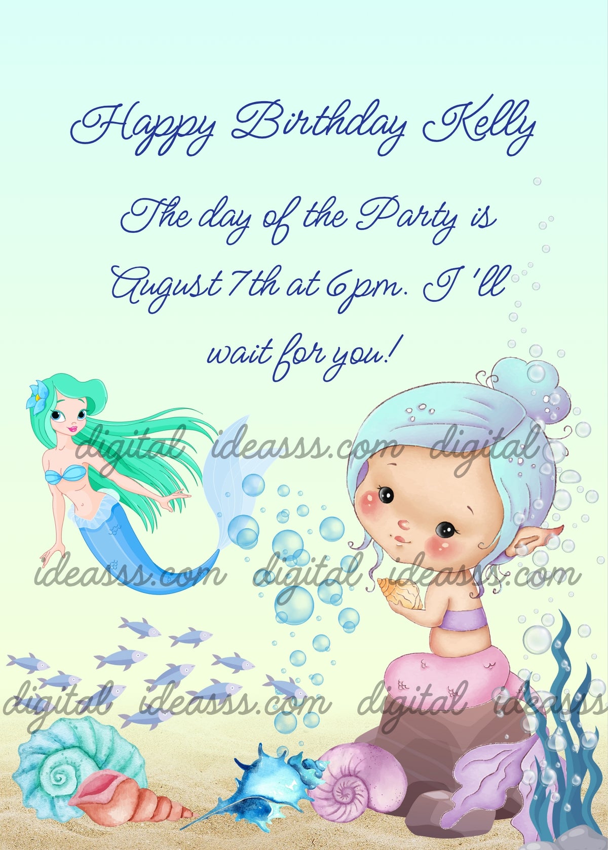 Two mermaids underwater: a kawaii mermaid with blue hair in a chignon and pink tail sitting on a rock holding a murex shell, and an elegant mermaid with green hair and blue tail swimming with bubbles, surrounded by colorful shells and blue fish — birthday card for girls aged 6 to 12