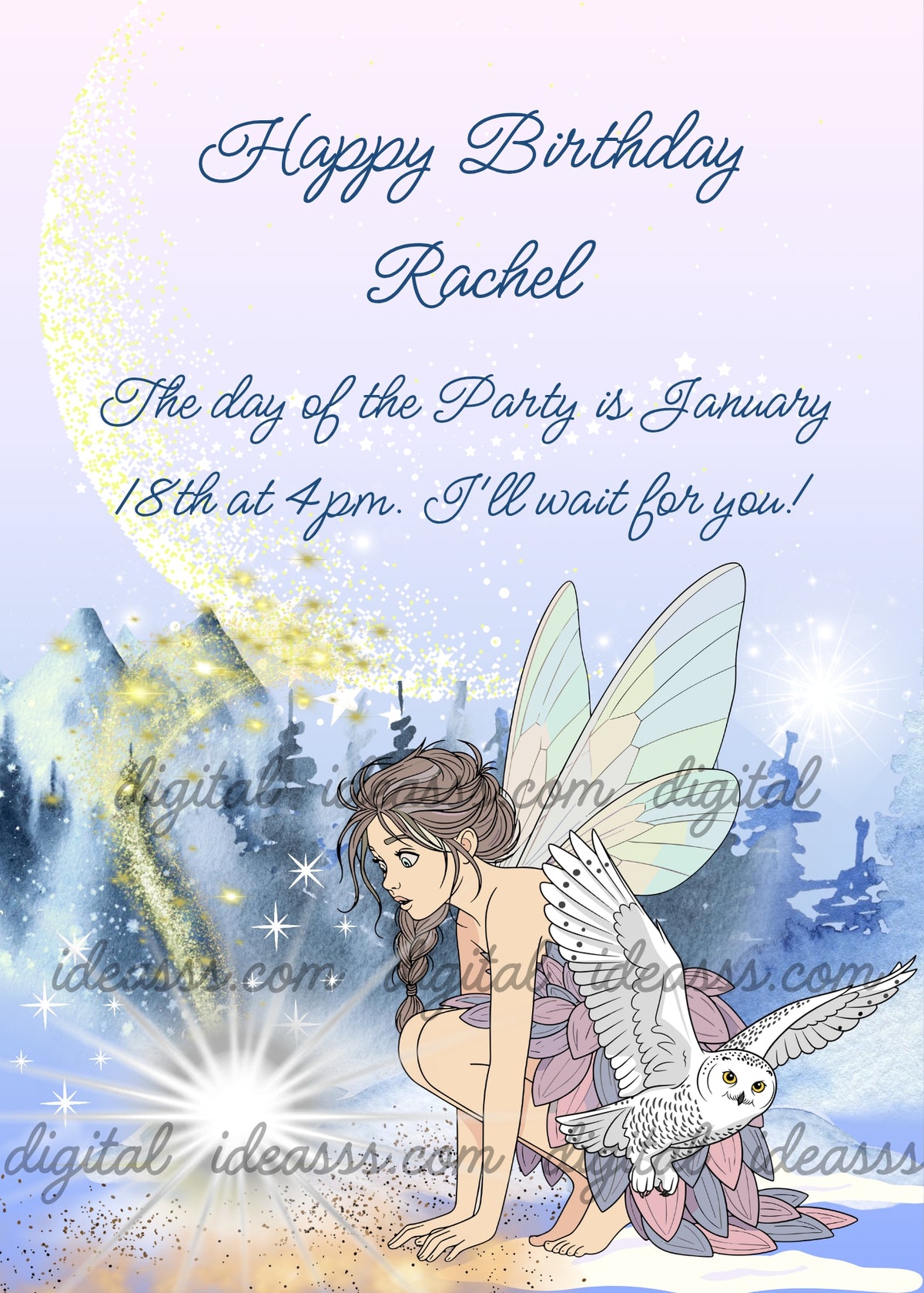 A mountain fairy with long brown braided hair and iridescent transparent wings crouching in amazement on the snow watching a tiny meteor fall and explode in golden sparks, with a snowy owl beside her, a watercolor winter landscape of pine trees and misty blue mountains in the background and a large glowing crescent moon in the sky — birthday card for girls aged 10 to 14