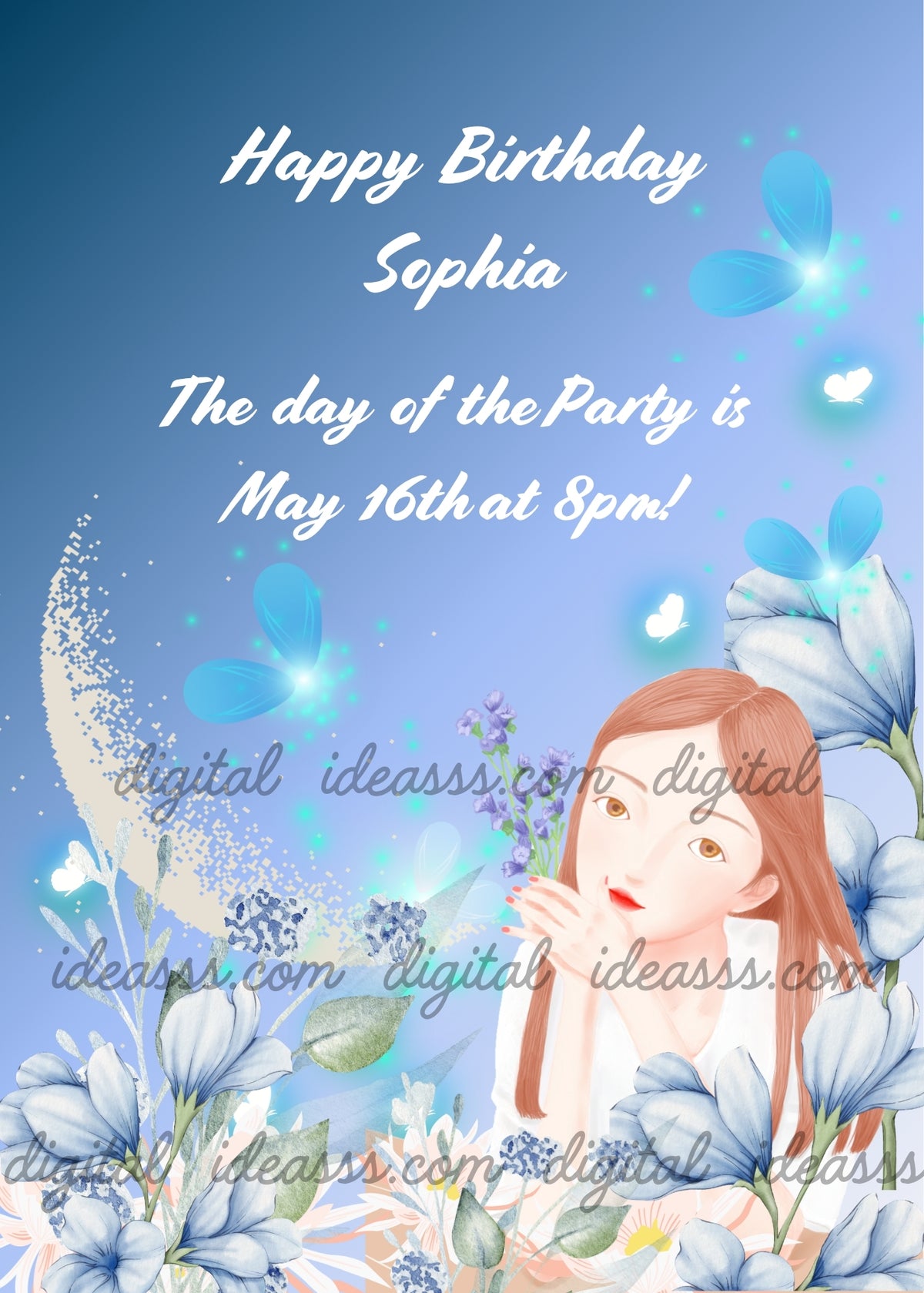 A romantic young girl with long brown hair holding a lavender bouquet surrounded by large blue flowers, glowing fireflies, white butterflies and teal petals, with a glitter white crescent moon on a gradient blue background — birthday card for girls aged 9 to 14