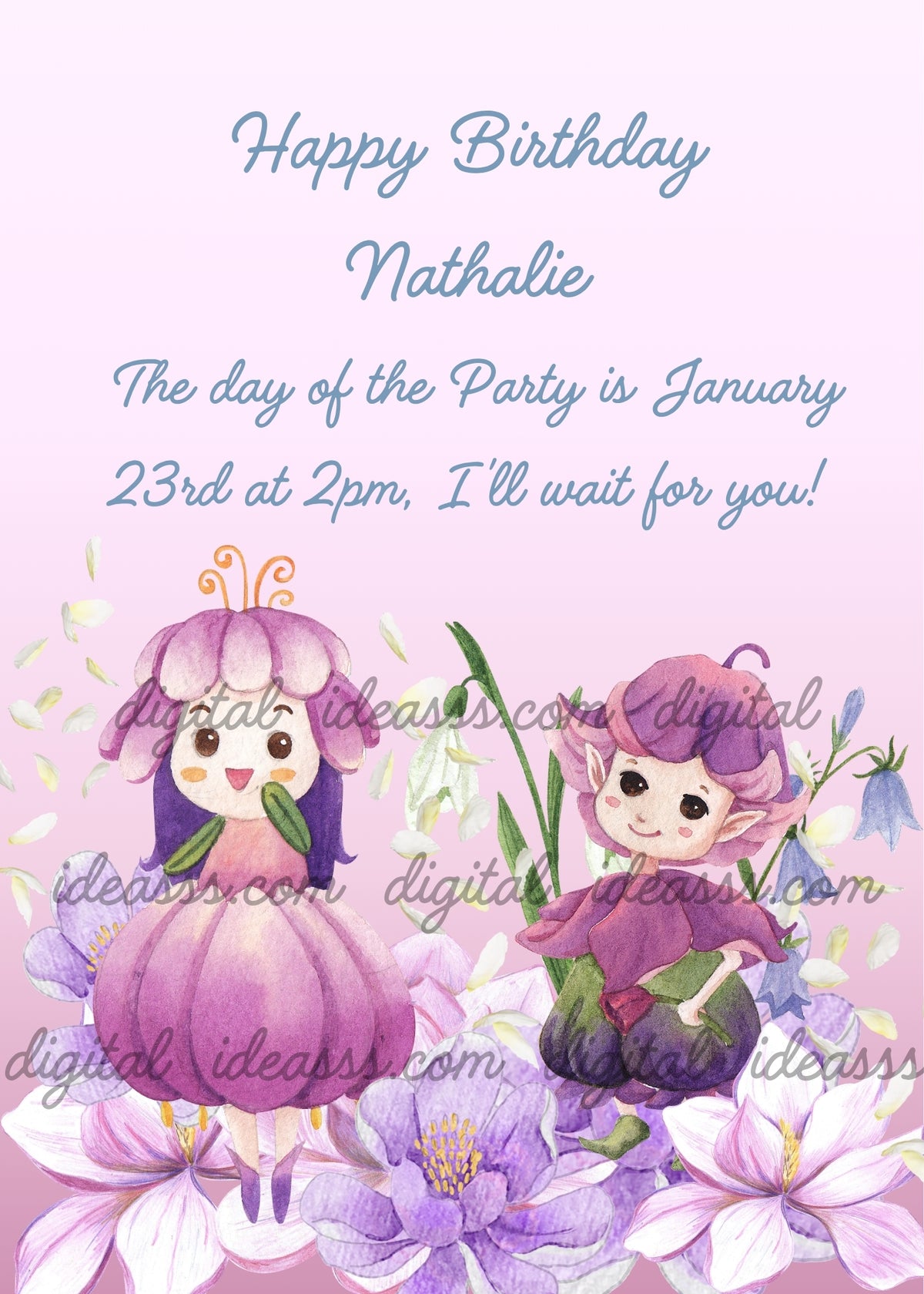 Bluebell girl with purple petal skirt and yellow antennae, Bluebell boy with upside-down bellflower cap, blue and purple bluebell flowers, small white petals falling, light purple gradient background — birthday card for children aged 5 to 12