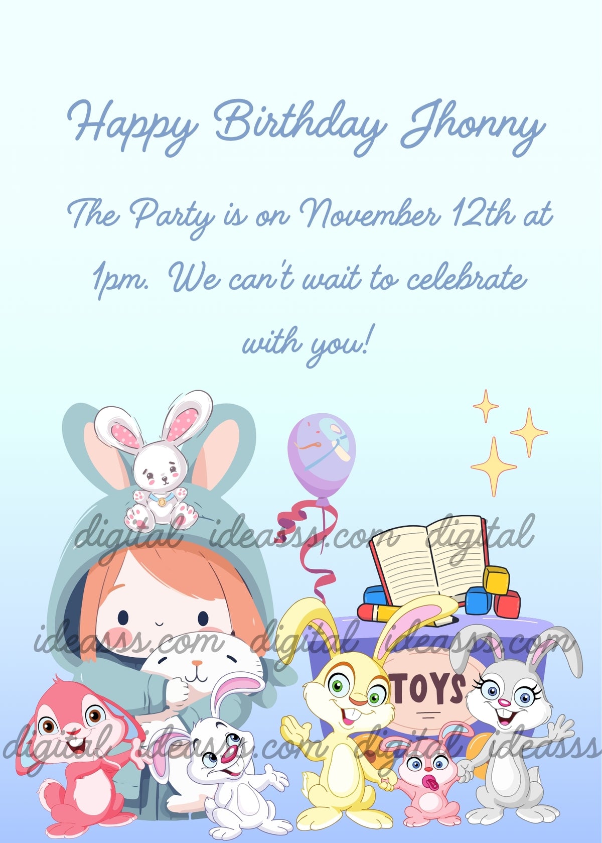 Orange-haired child in a blue bunny hood holding a white bunny, surrounded by colorful bunny toys, a lilac balloon with a curled pink ribbon, and a TOYS wagon with an open book and colorful blocks on a light blue background - printable birthday card for children aged 1 to 9
