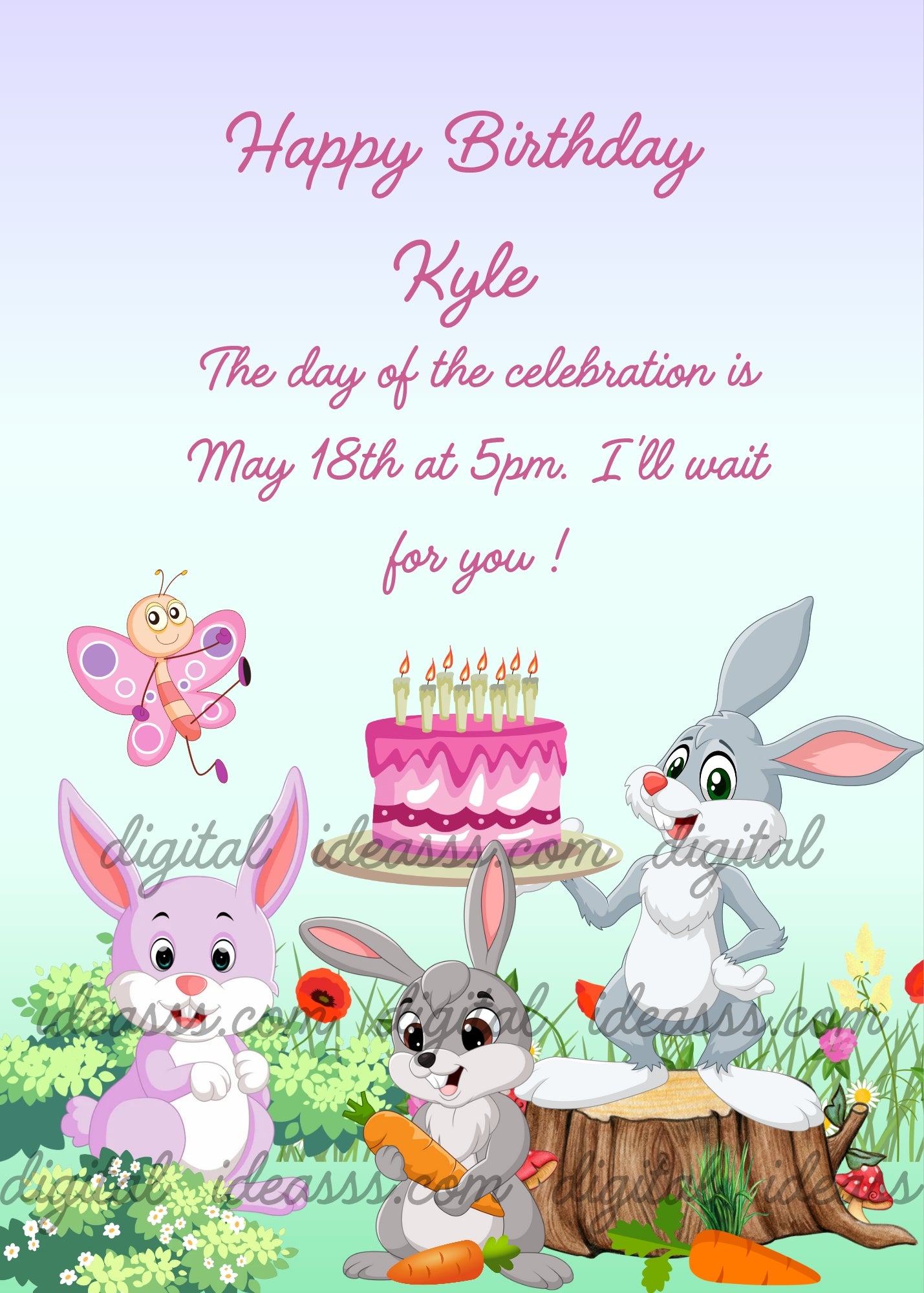 Three cute bunnies with a pink birthday cake and a butterfly in a flower meadow with mushrooms — printable birthday card for kids 1-9