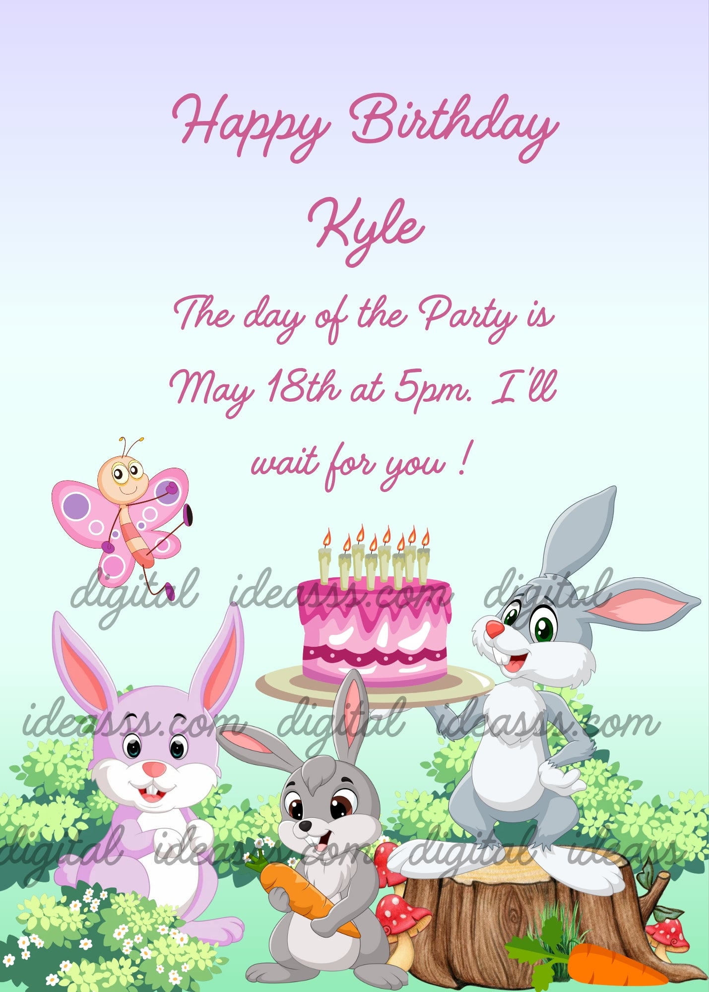 Three cute bunnies celebrating with a pink birthday cake with candles, a pink butterfly, green bushes, red mushrooms and carrots on a soft lilac and green gradient background — printable birthday card for kids aged 1-9