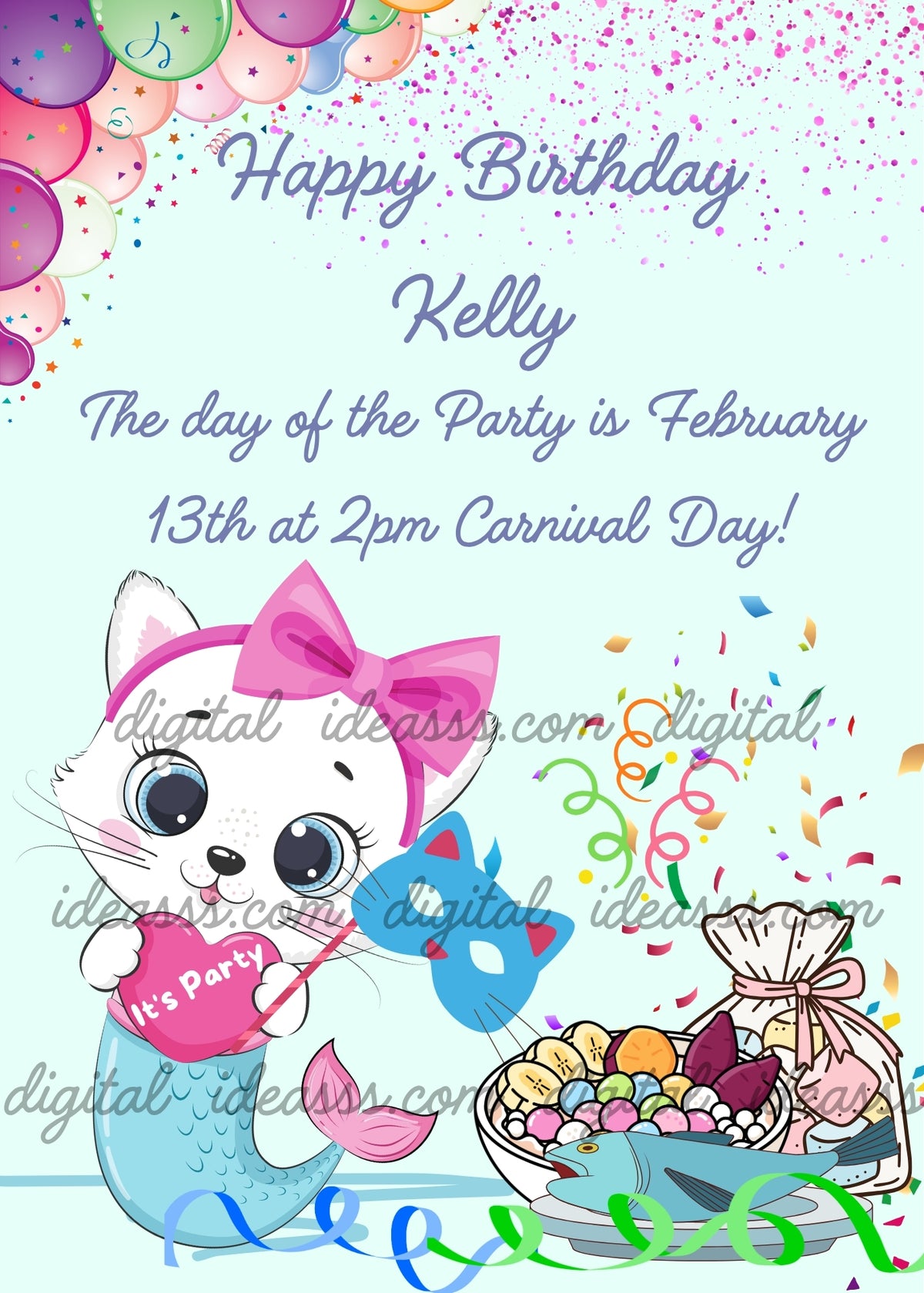 Kawaii cat mermaid with pink bow headband holding a cat mask and a heart, colorful balloons, confetti, fish plate, cat food bowl and marshmallows on light blue background — birthday card for children aged 1 to 9