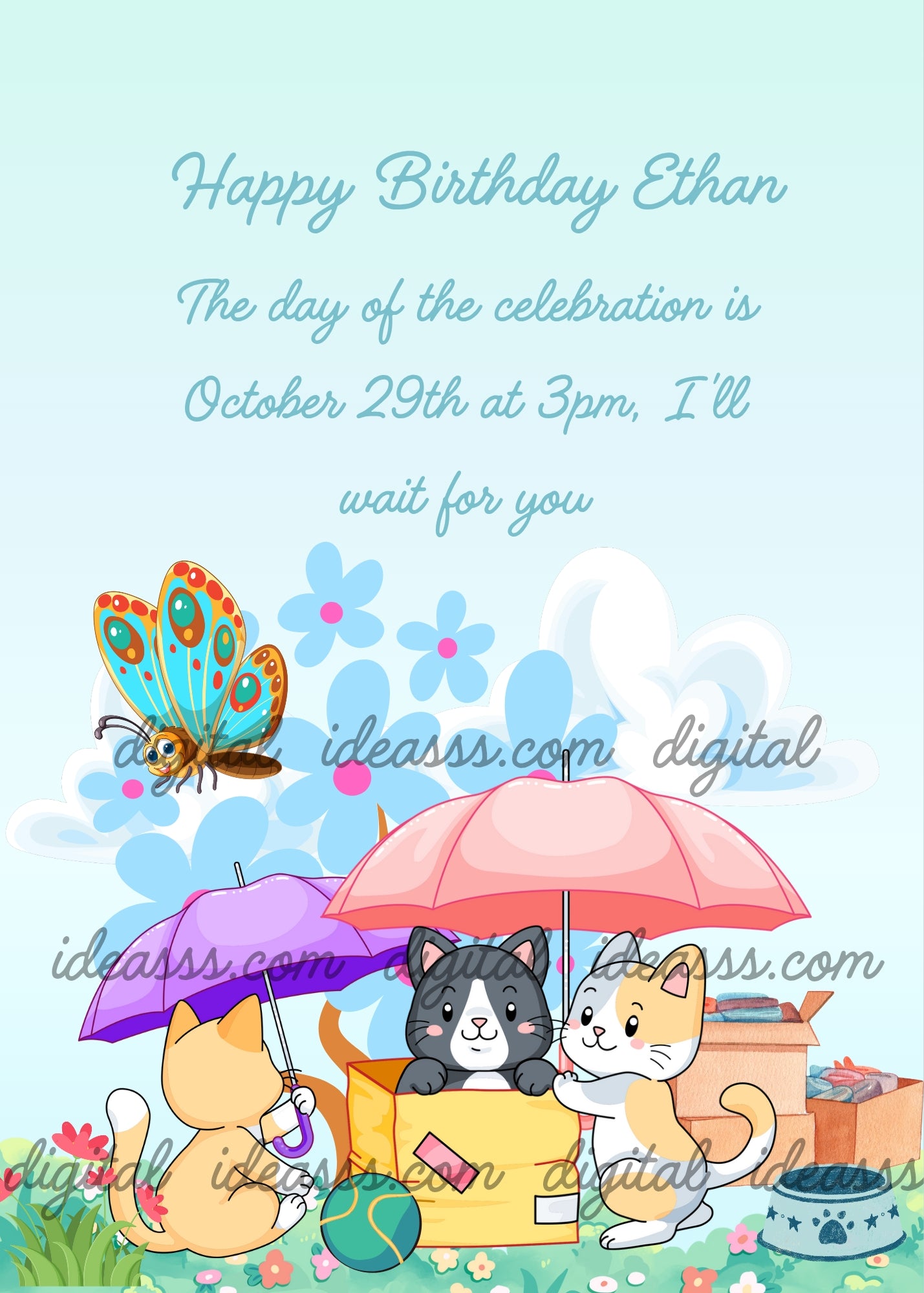 Kittens play with boxes and umbrellas in a meadow while a butterfly watches them - printable birthday card for kids 1-6