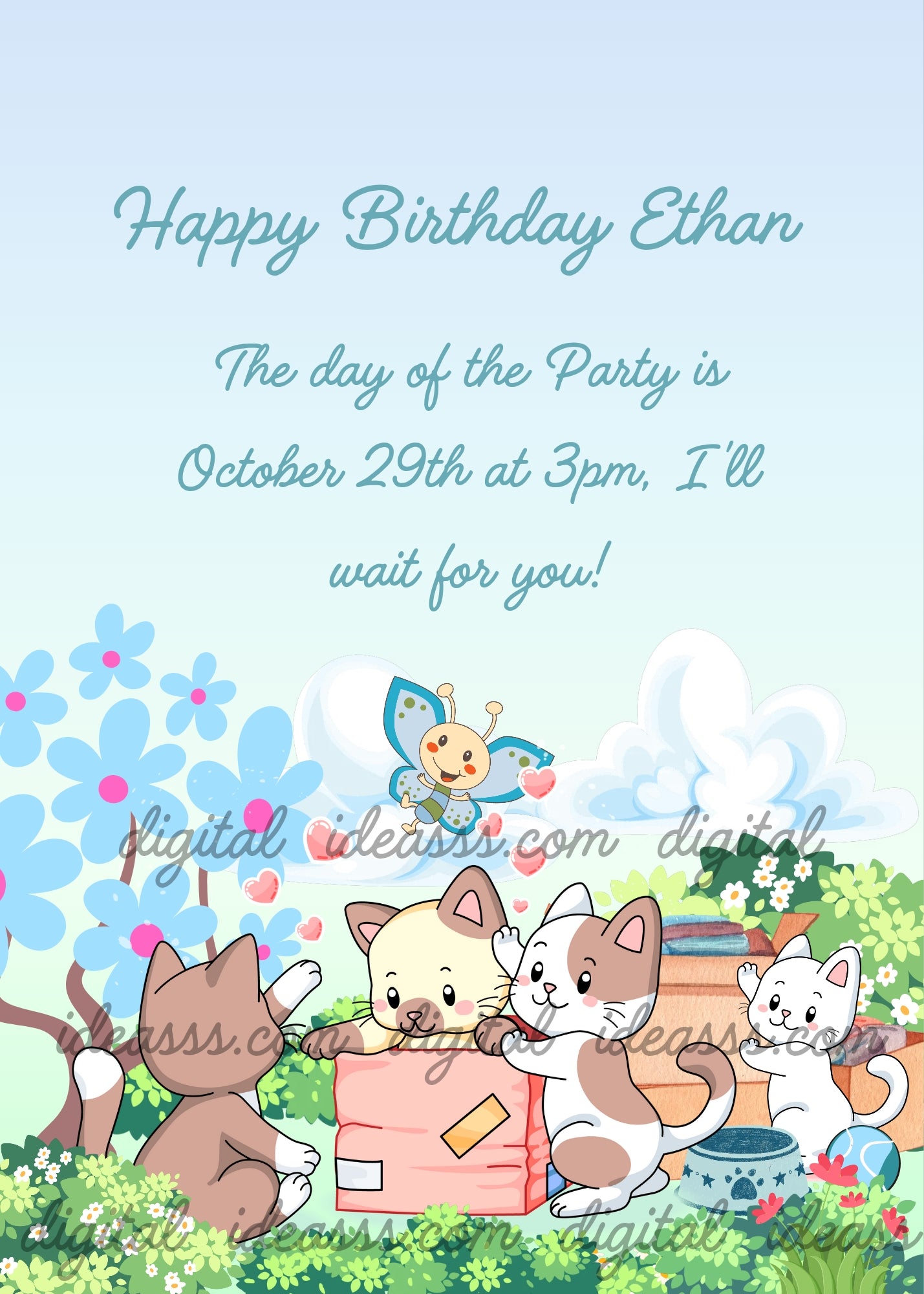 Four cute cartoon kittens playing with cardboard boxes in a garden with blue flowers, pink hearts and a cheerful butterfly, on a soft light blue sky background with clouds — printable birthday card for kids aged 1 to 6