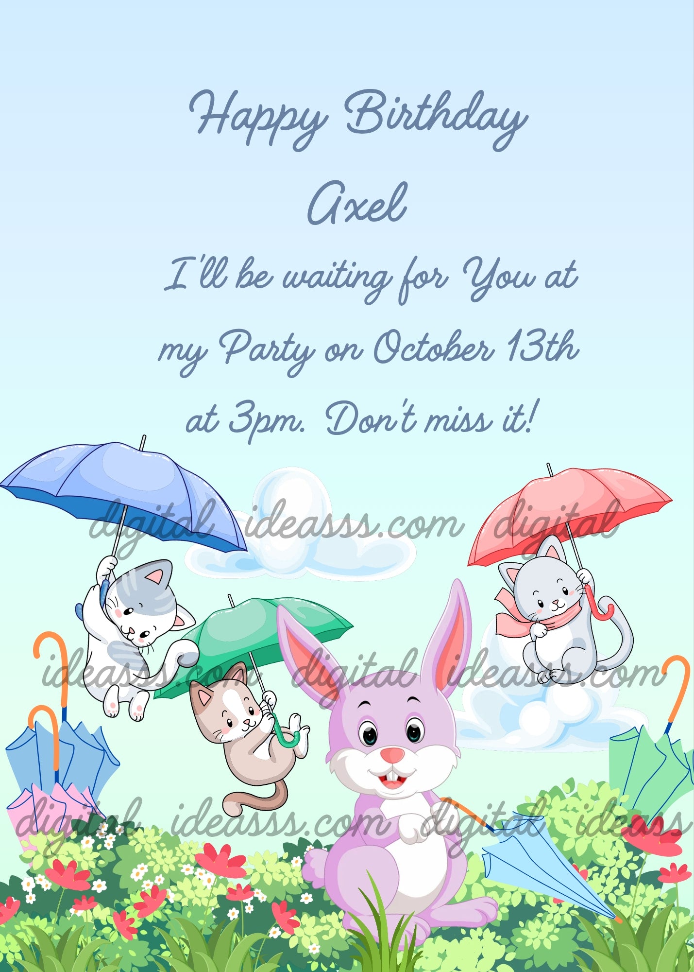 Three cute cartoon kittens in gray, beige and pink flying with colorful umbrellas in blue, green and pink, while a cheerful lilac bunny on the ground joins in the fun feeling part of the game, with colorful umbrellas scattered on a green meadow with red flowers, on a soft light blue sky background with clouds — printable birthday card for kids aged 1 to 12