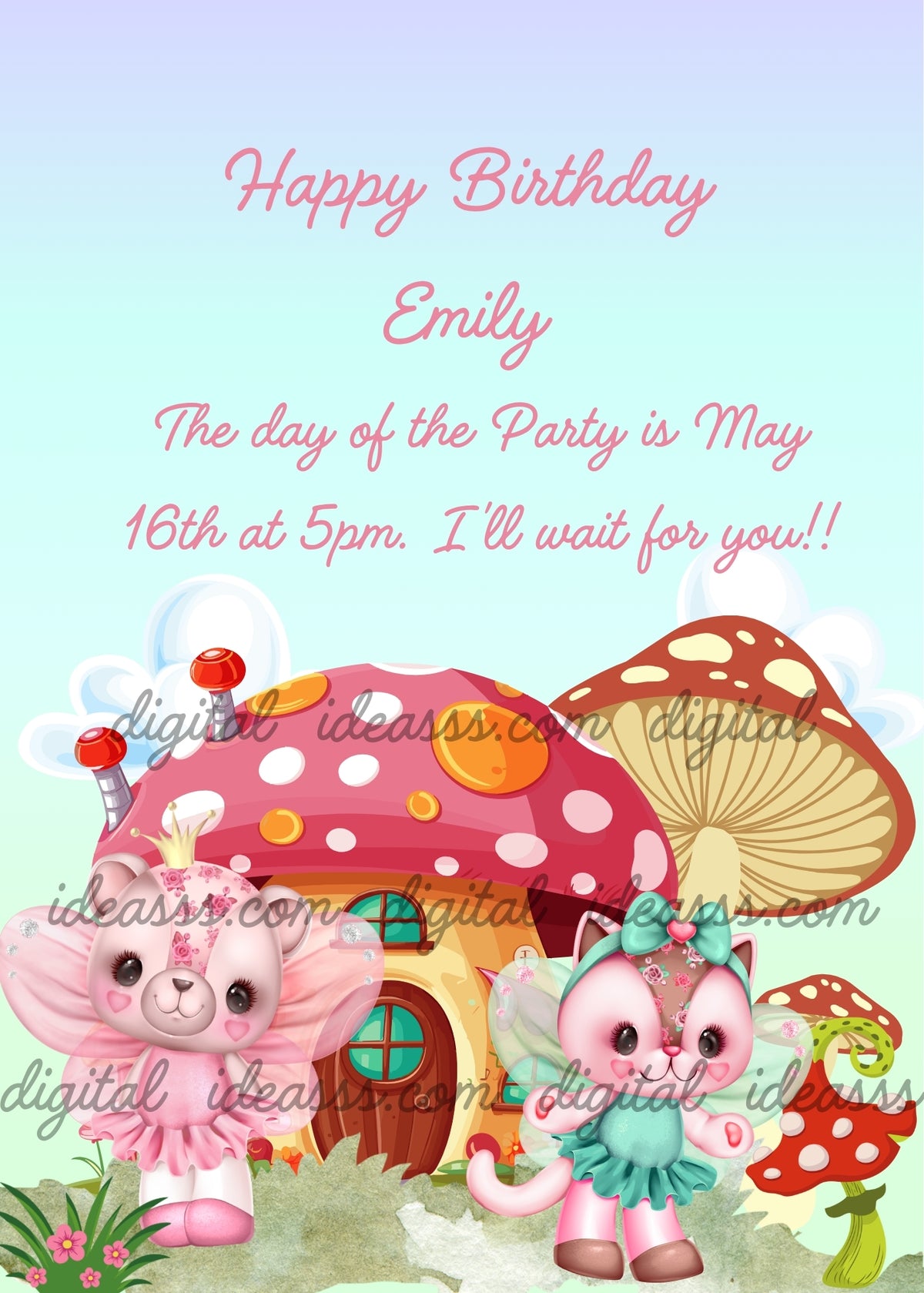 Two cute pink fairy cats with wings in front of a red mushroom house with teal door, brown mushroom, red mushroom, pink flowers and green grass on light blue background — birthday card for children aged 1 to 8